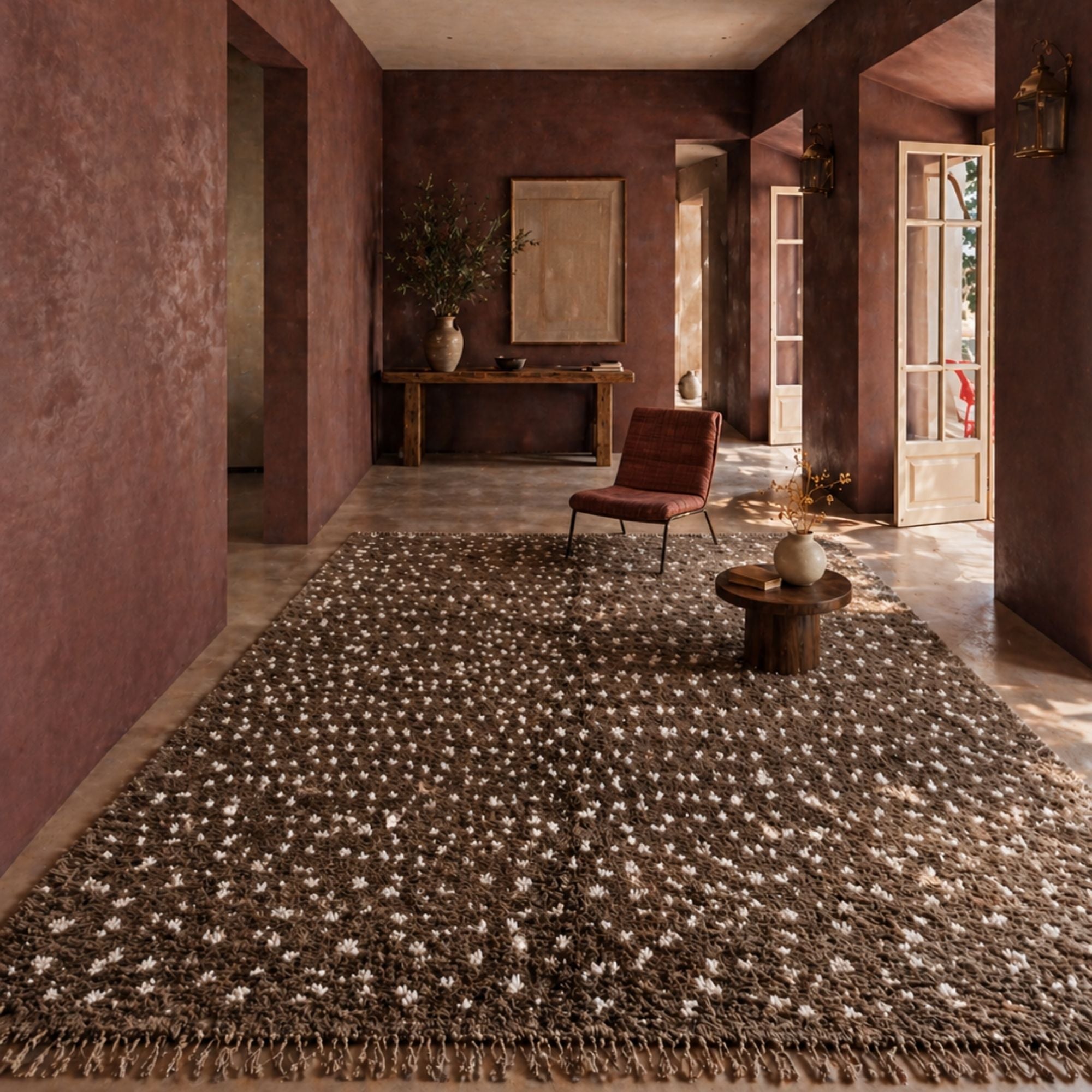 Atelier No. 01 Moroccan wool rug styled in warm architectural interior with terracotta walls, wooden furniture, and natural light.