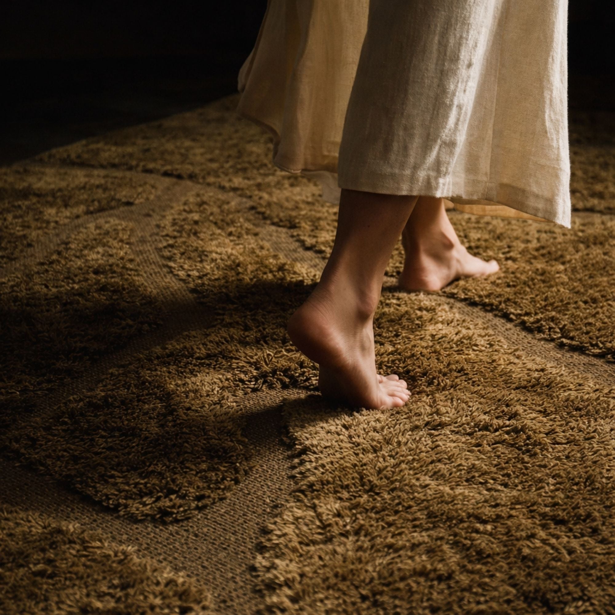 Bare feet stepping on Contour No. 01 Moroccan wool rug, highlighting softness and tactile texture.