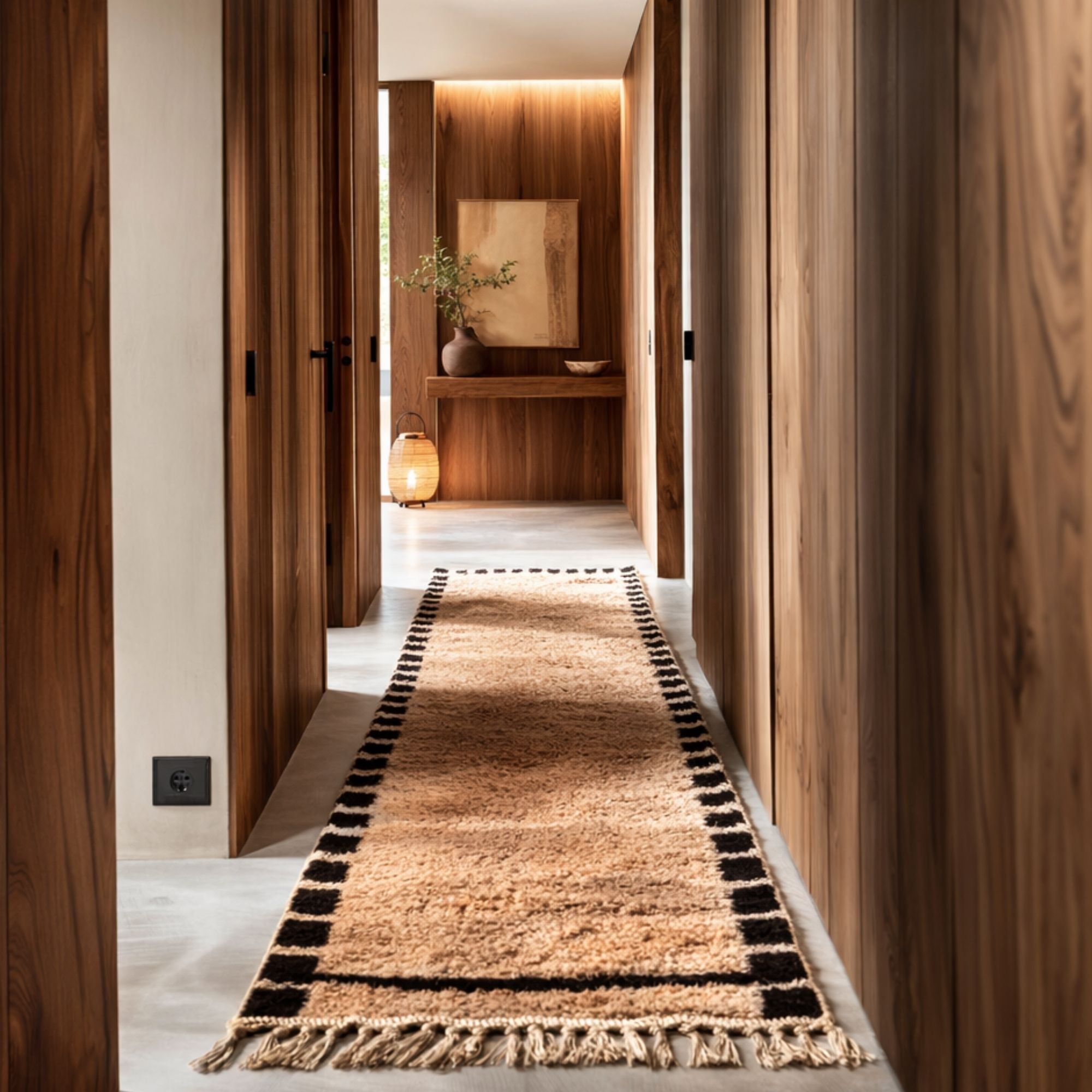 Cadence Moroccan wool runner rug placed in a warm modern hallway with walnut wood interiors, featuring plush ivory high pile texture, black geometric borders, and handmade tassel detailing.
