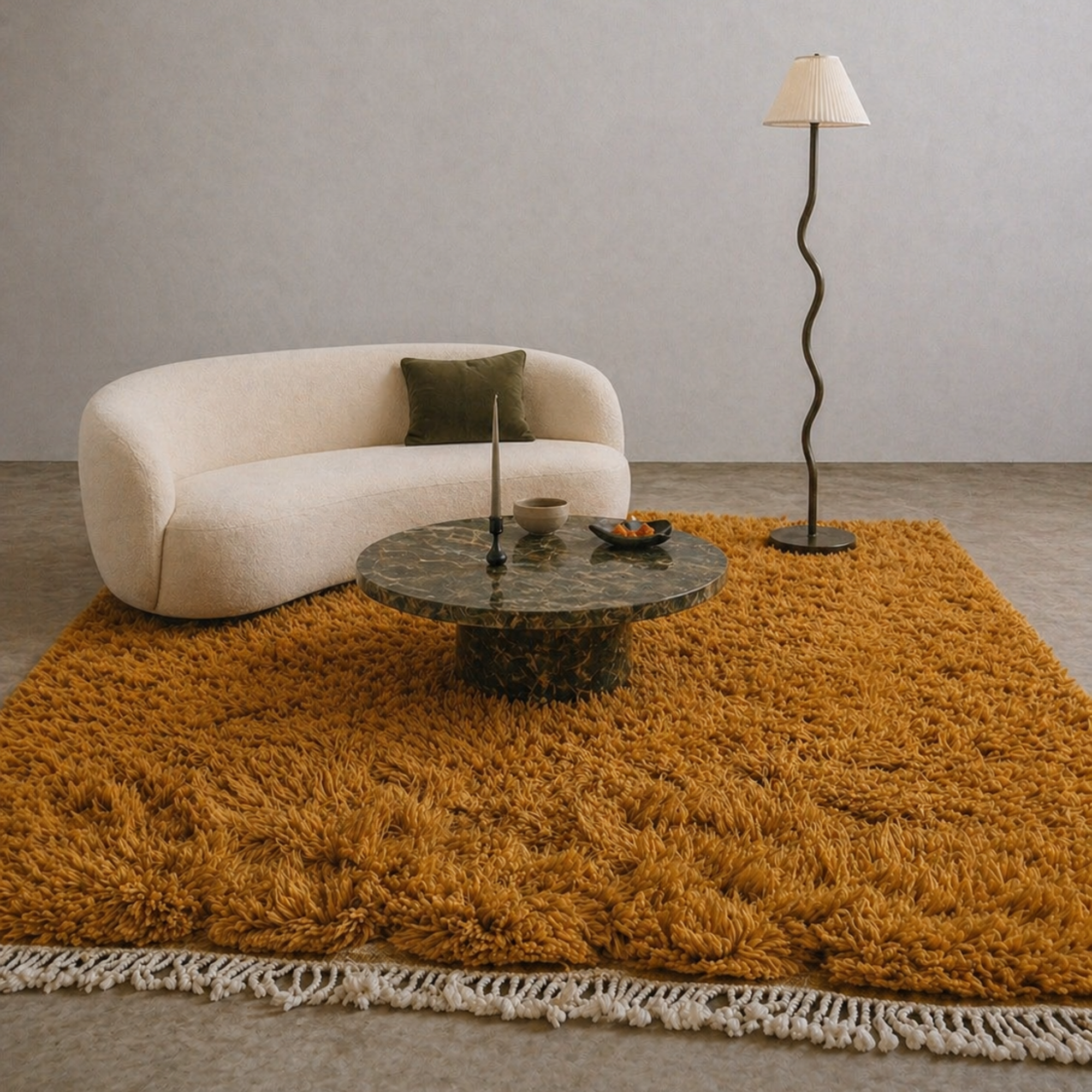 Close-up of Halo handmade Moroccan rug showing plush ochre wool pile, handcrafted texture, and ivory braided tassels.