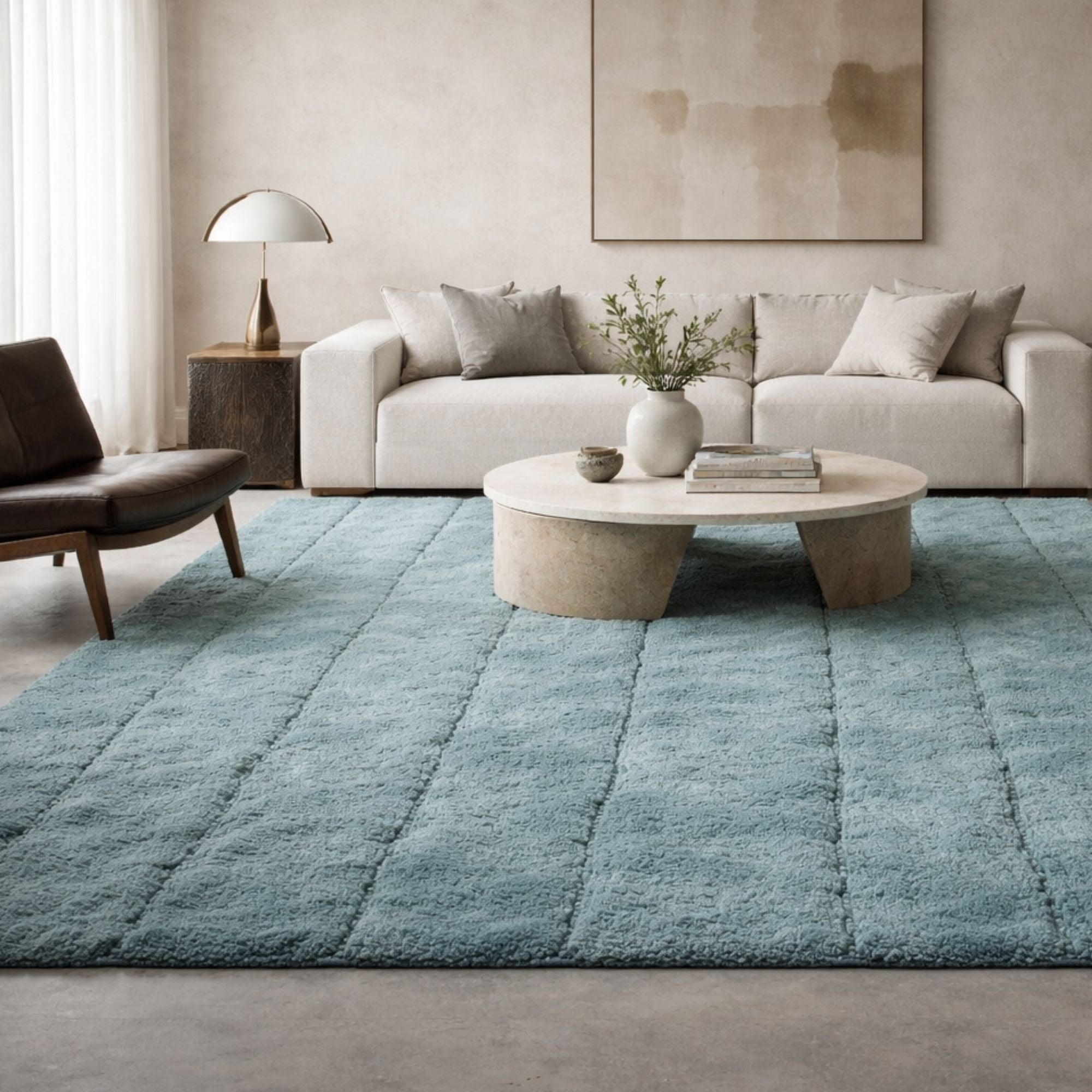 Close-up of Brume No. 01 light blue Moroccan rug showing soft natural wool pile and handmade texture