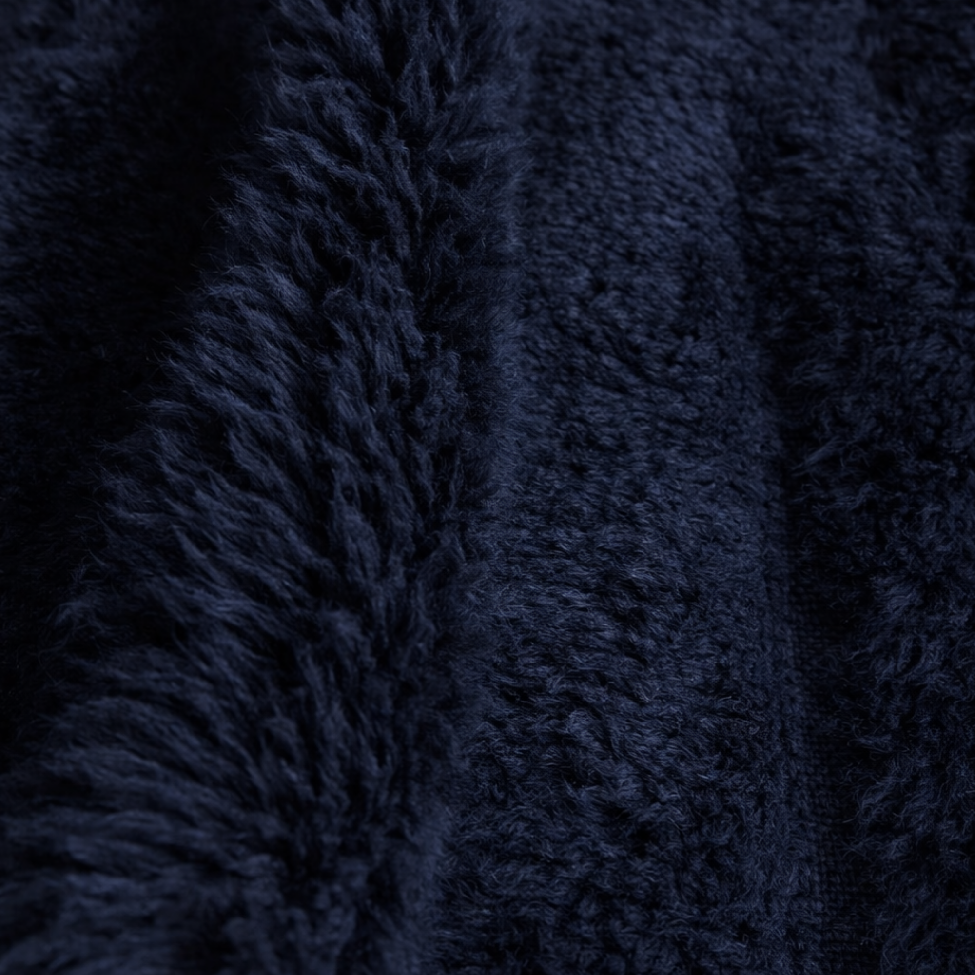 Close-up of Linea handmade Moroccan rug showing dense navy wool pile and soft linear texture.