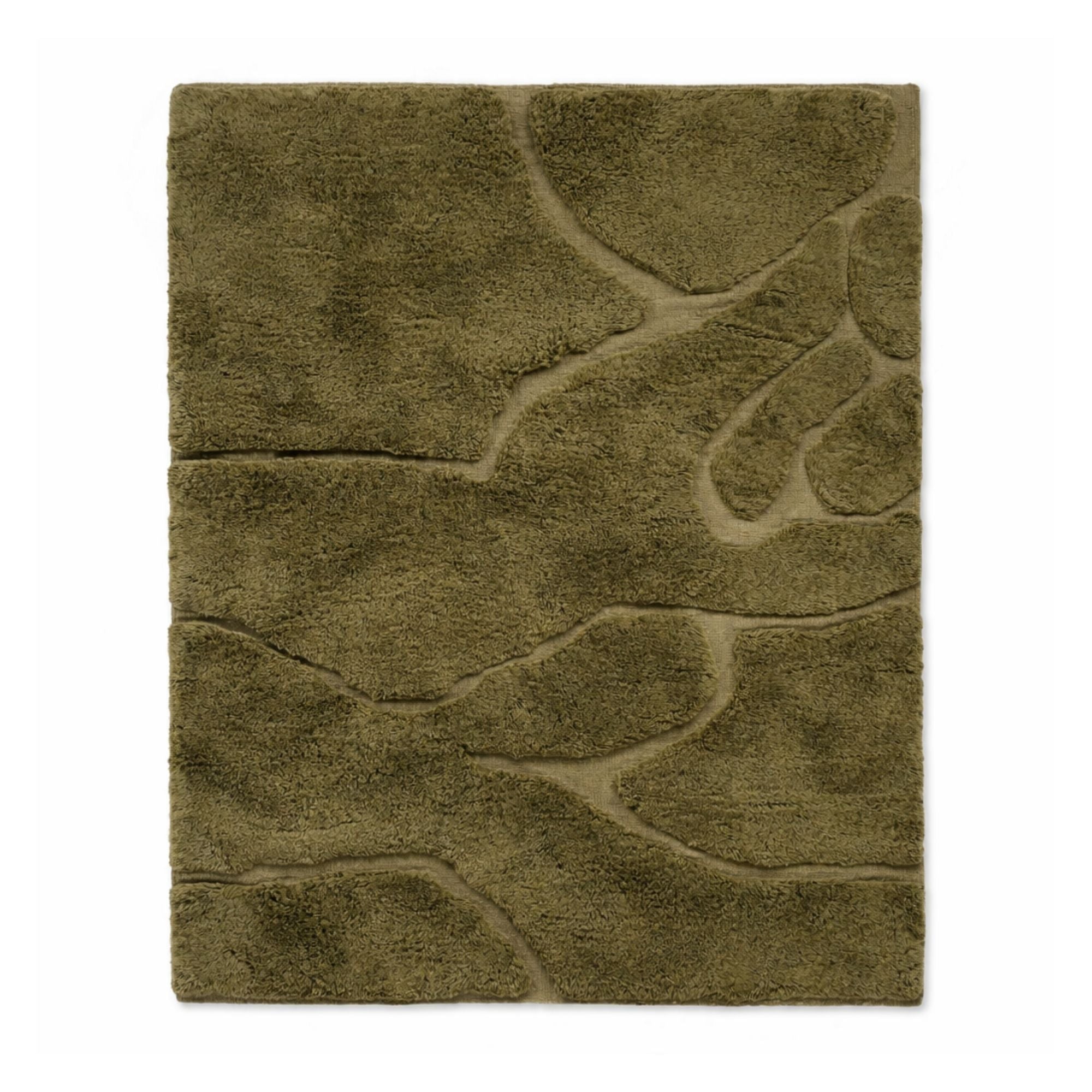 Contour No. 01 handmade Moroccan wool rug in olive tone with sculptural high-low texture and organic abstract pattern.