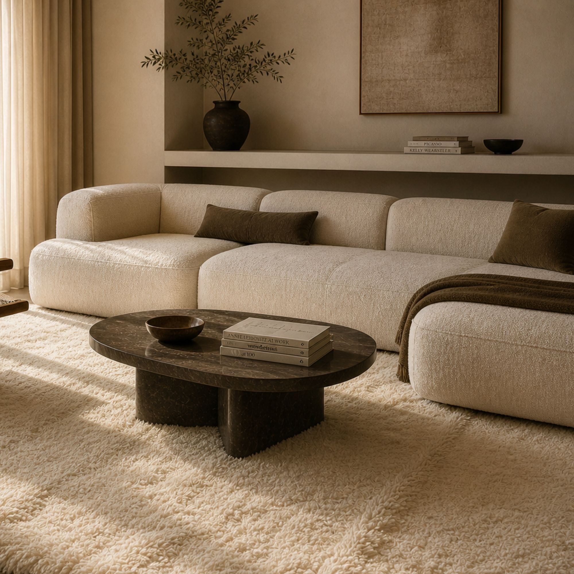 Épure cream Moroccan rug styled in modern living room with curved sofa and dark marble coffee table