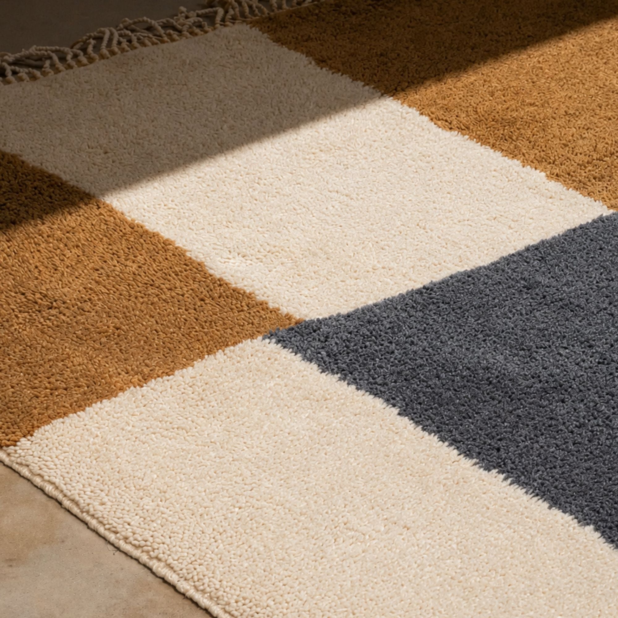 Frame No. 01 contemporary Moroccan rug in camel ivory and charcoal natural wool
