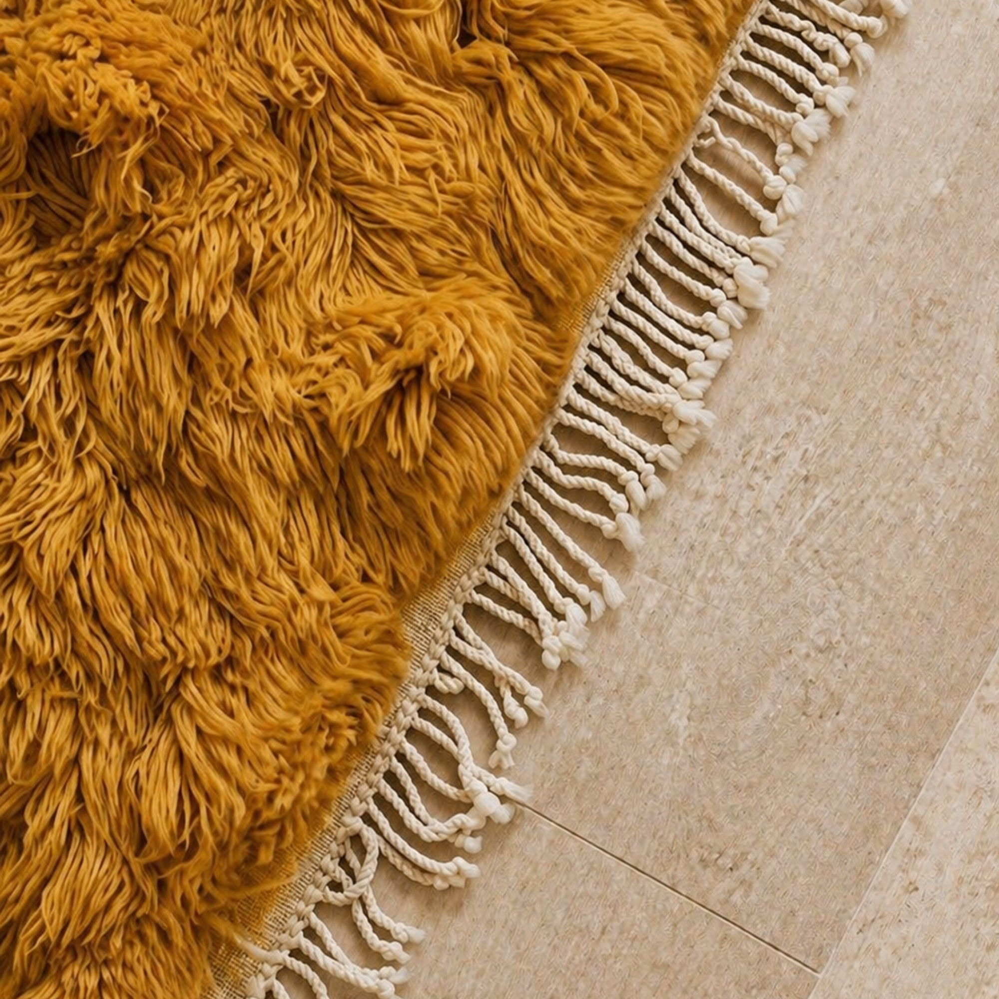 Halo Moroccan wool rug in ochre styled in modern living room with ivory curved sofa, marble coffee table, and floor lamp.