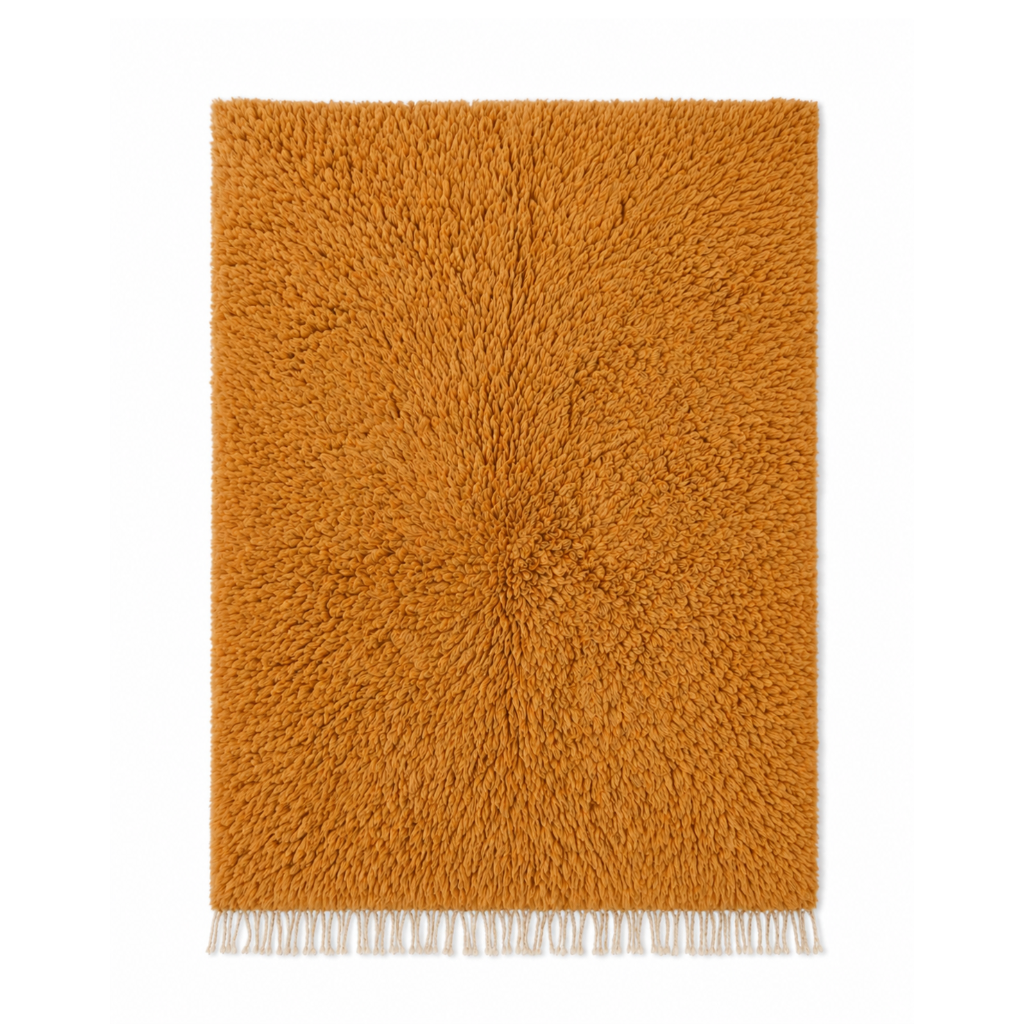 Halo handmade Moroccan wool rug in ochre color with sculptural high pile texture and ivory tassels on white background.