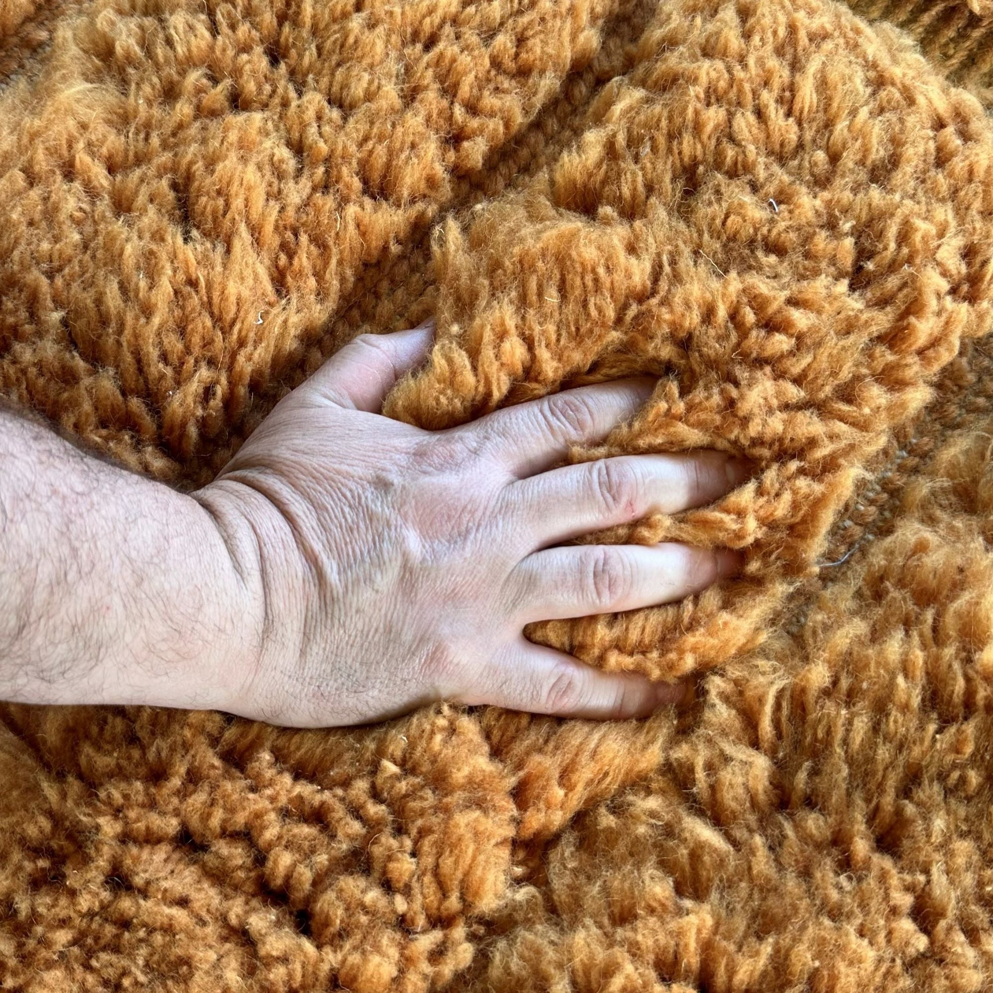 Hand pressing into the plush natural wool pile of Stratum No. 01, highlighting its exceptional softness and depth.