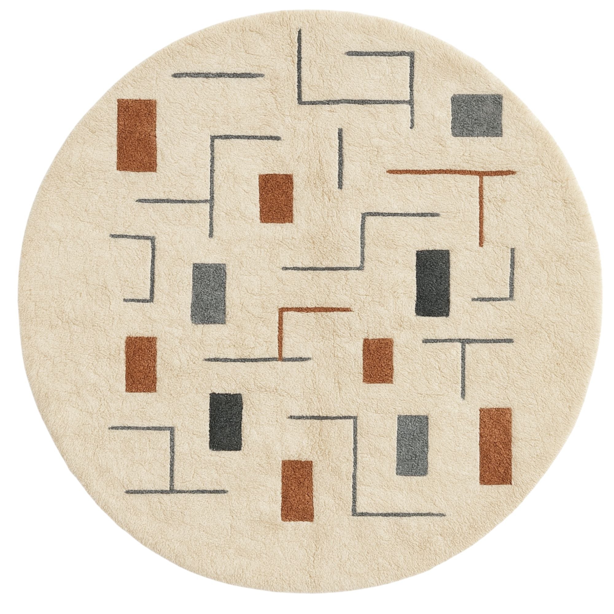 Handwoven Moroccan wool round rug, Field Study design from Soft Geometry collection, ivory background with fog grey, sumi ink, and rusted copper rectangular motifs, high-pile texture.