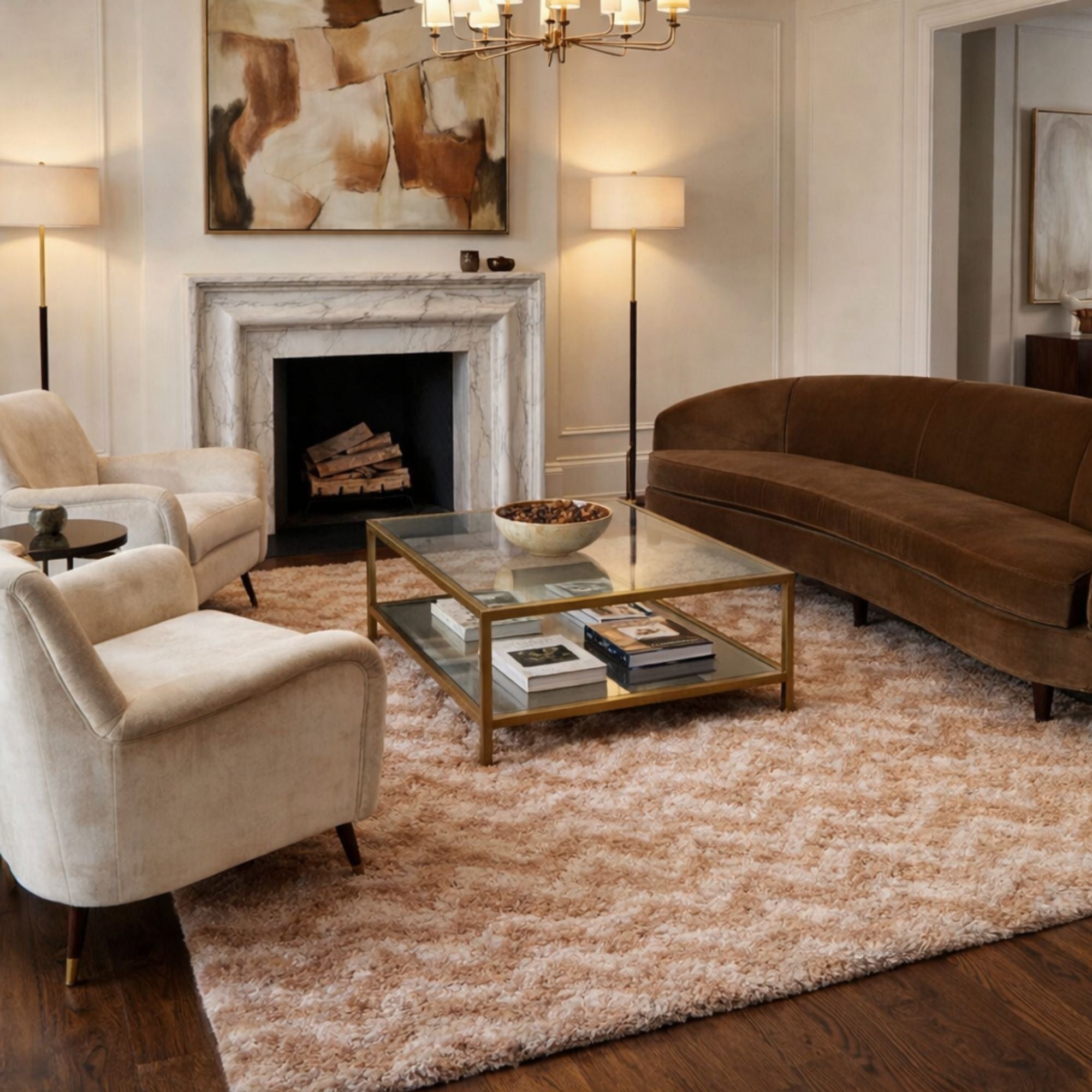 Handwoven Moroccan wool rug, Haze design, soft blurred stripe pattern in warm neutrals, high-pile texture.