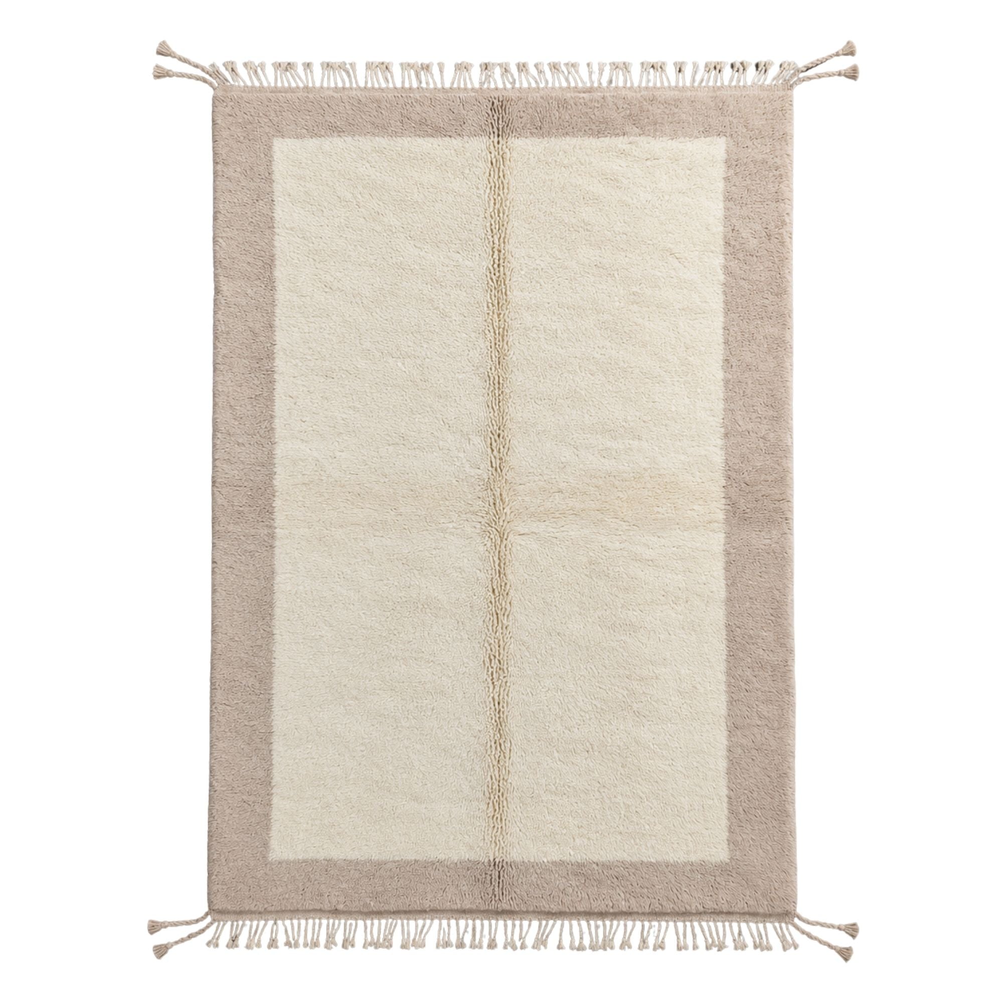 Handwoven Moroccan wool rug, Meridian design, ivory field with taupe border and center line, high-pile texture.