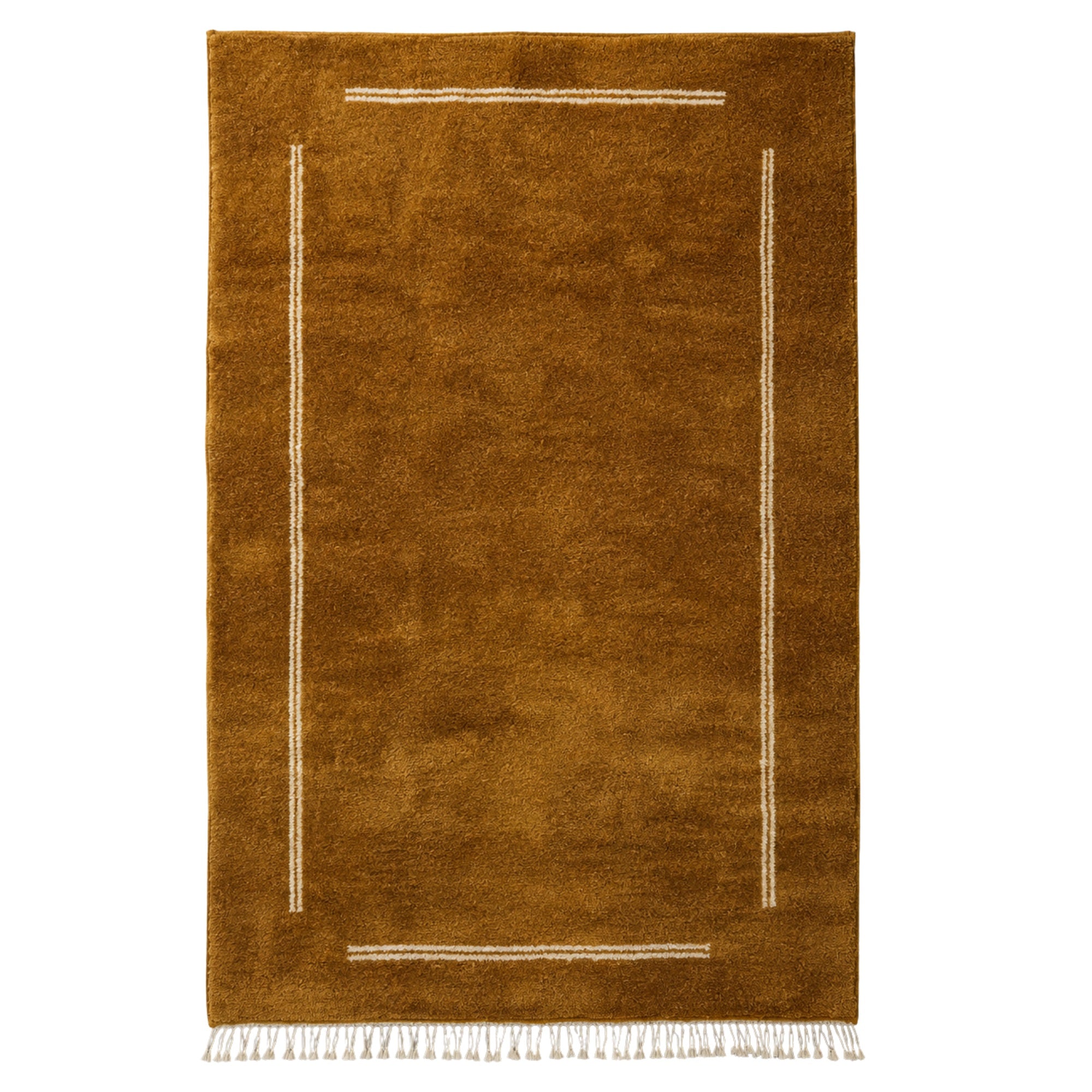 Handwoven Moroccan wool rug, Atrium design, deep amber field with ivory double-line border and fringe.