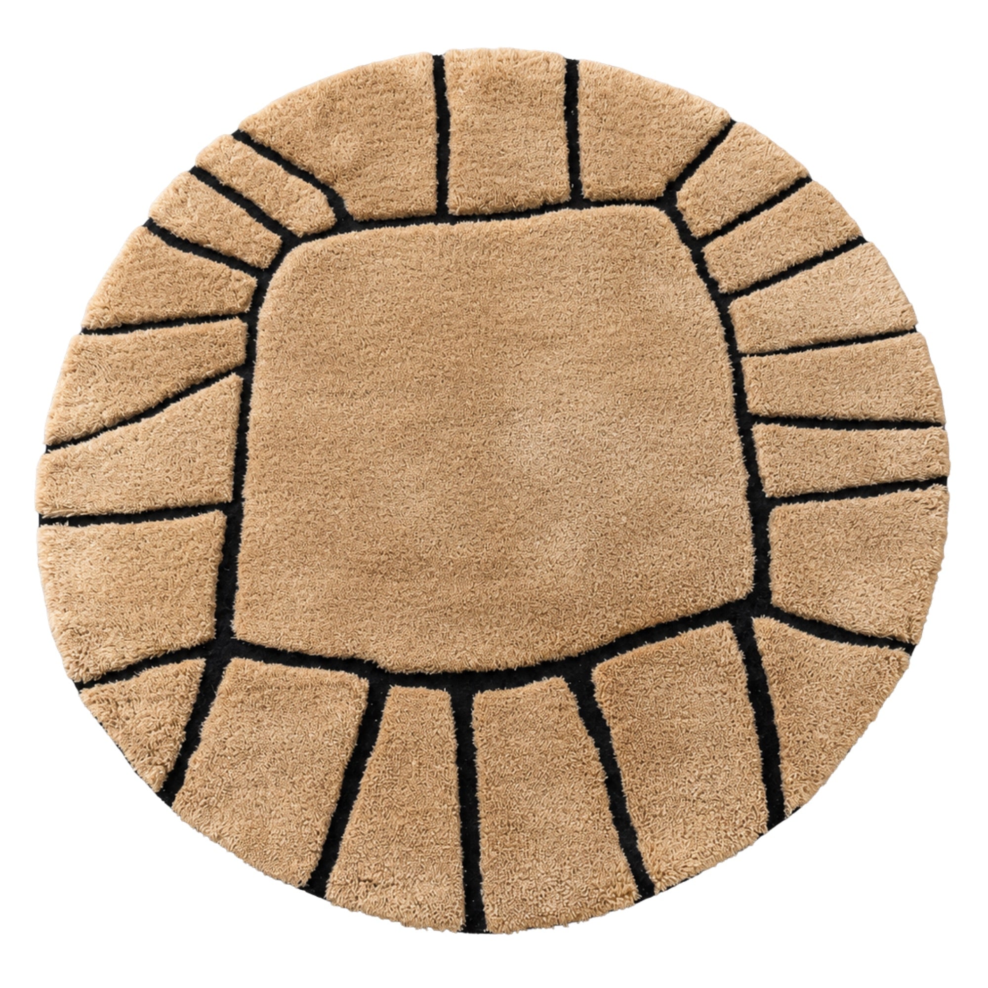 Handwoven Moroccan wool rug, Compass design, round rug with camel segmented panels and black lines, high-pile texture.