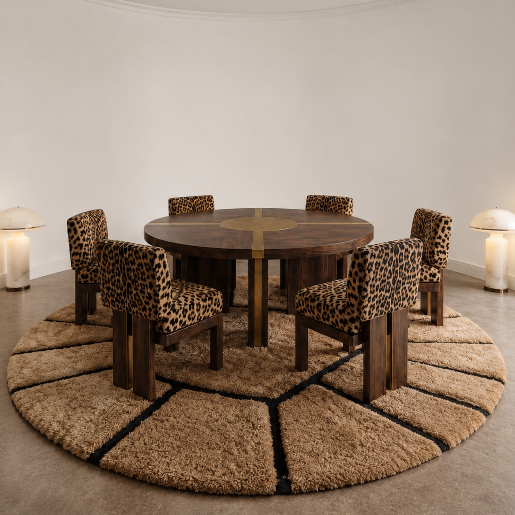 Handwoven Moroccan wool rug, Compass design styled beneath a round dining table.