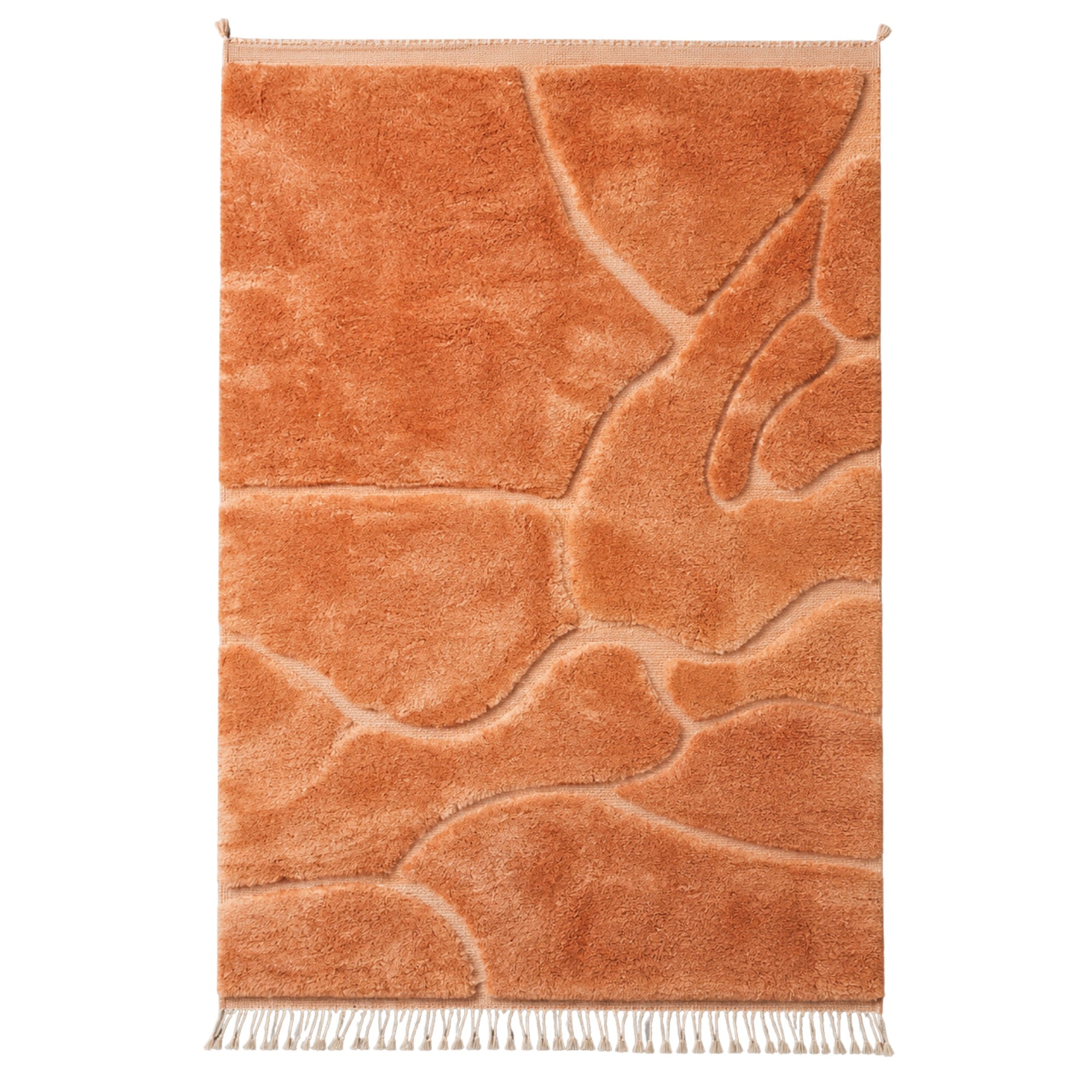 Handwoven Moroccan wool rug, Contour No. 02 design, carved burnt-orange line pattern, high-pile texture, fringe edges.