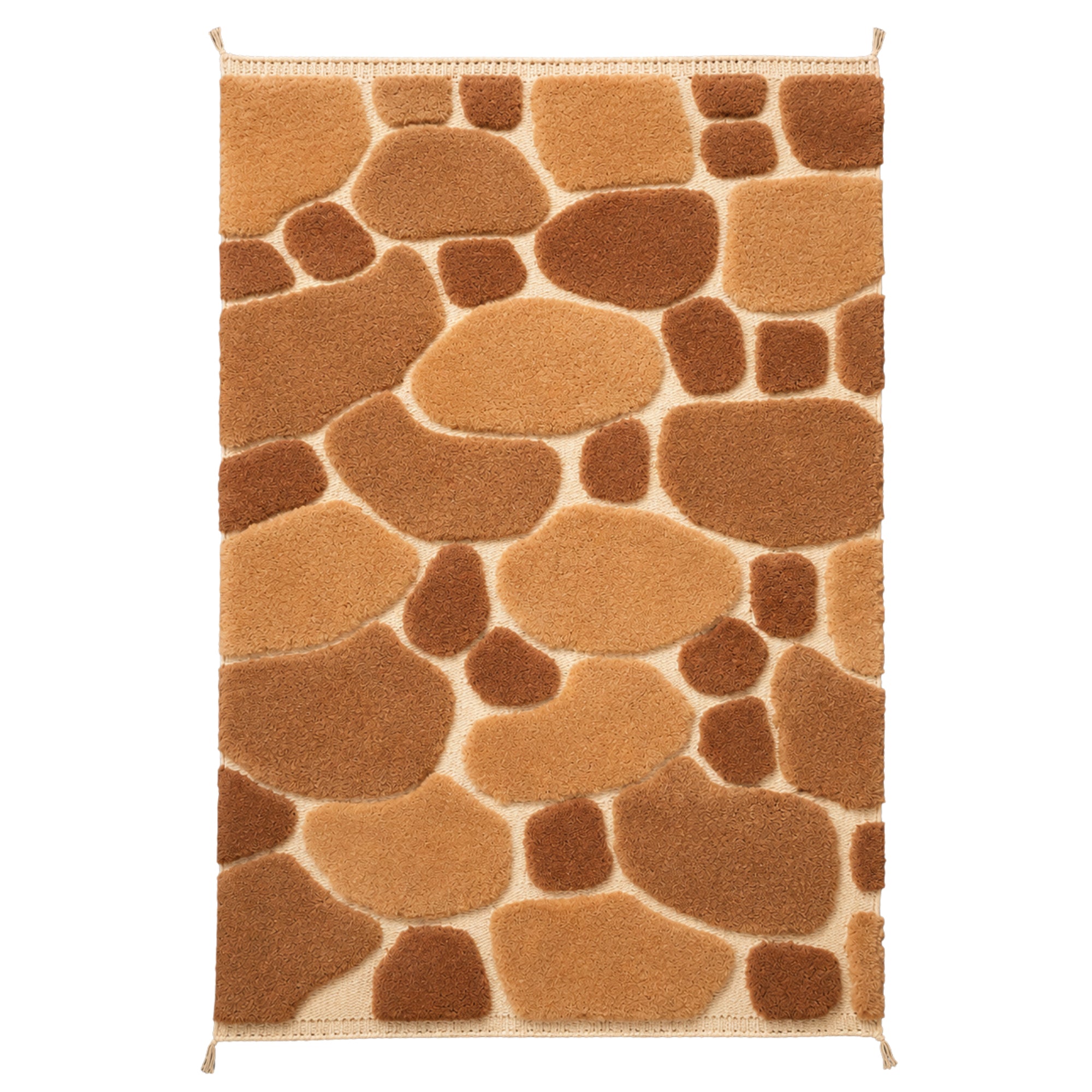 Handwoven Moroccan wool rug, Sediment design, sculpted stone-shaped pattern in caramel and umber tones, high-pile texture.