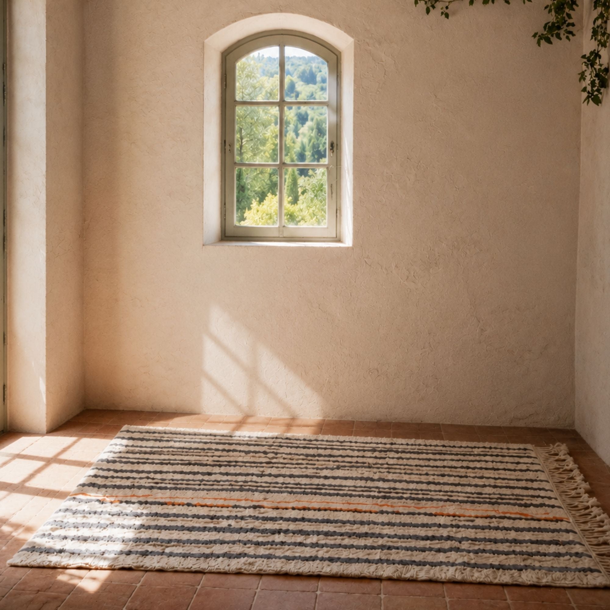 Interlude striped Moroccan wool rug in a warm sunlit Mediterranean interior