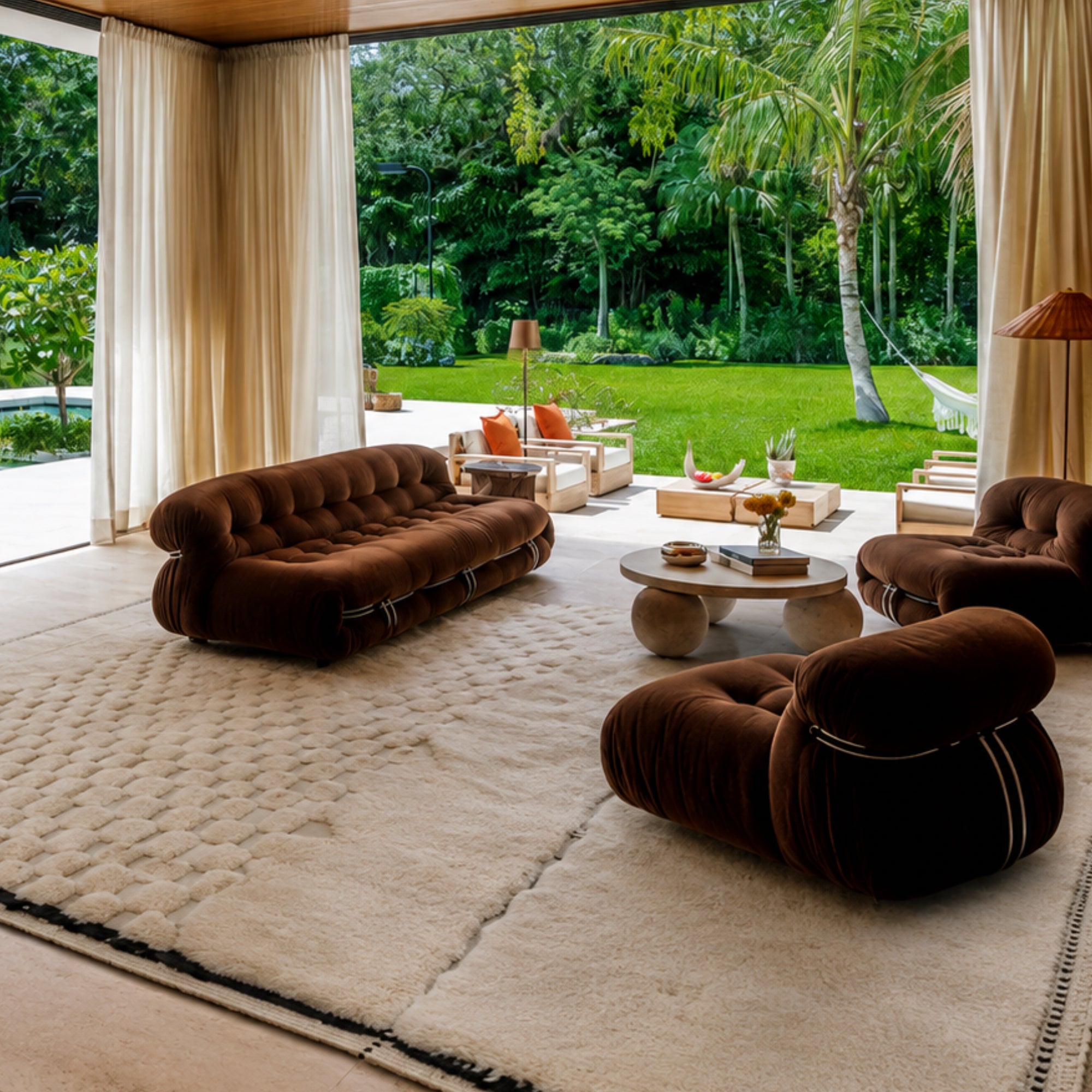 Interval handmade Moroccan wool rug styled in a tropical living room with brown velvet sofas.