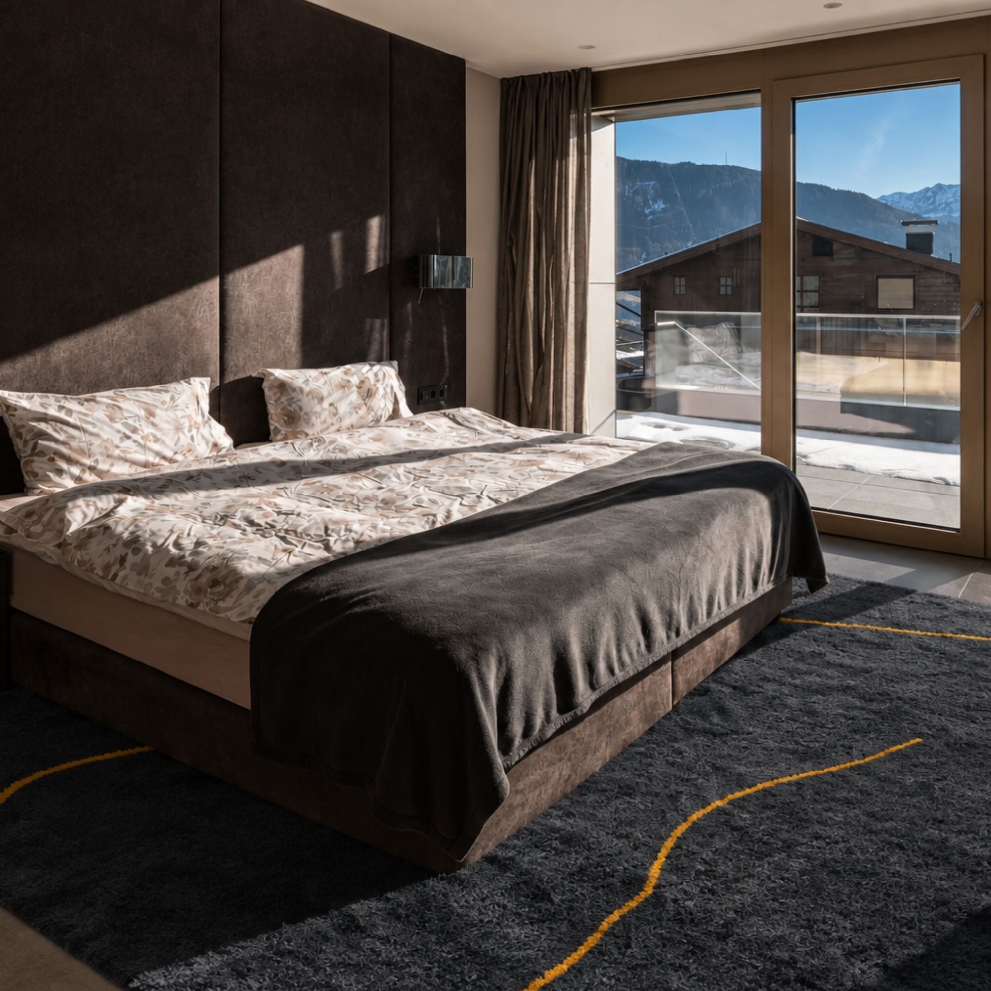 Navy blue Moroccan wool rug with ochre lines in contemporary bedroom