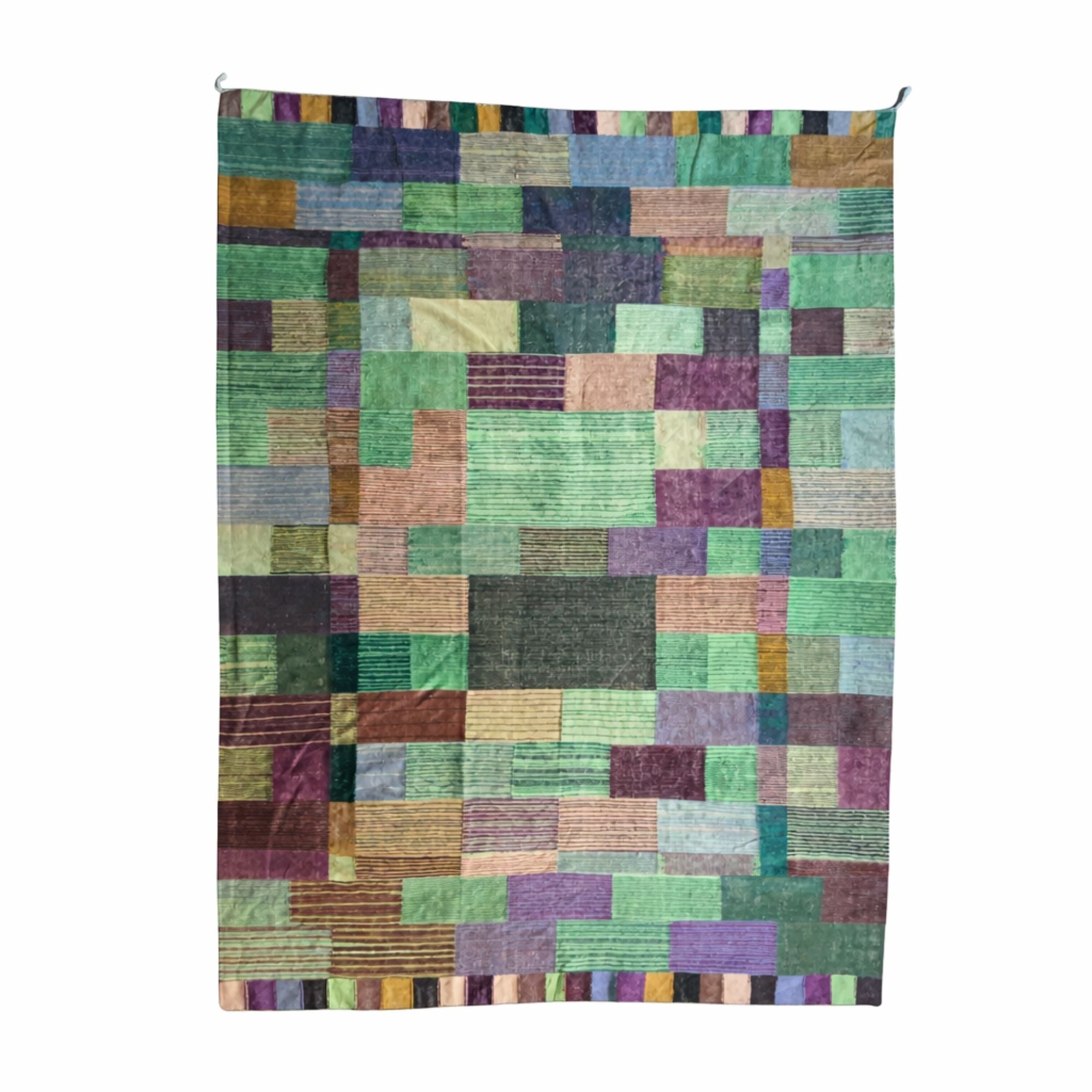 Patchwork colorful Moroccan flatweave rug handwoven from natural wool with multicolor geometric blocks