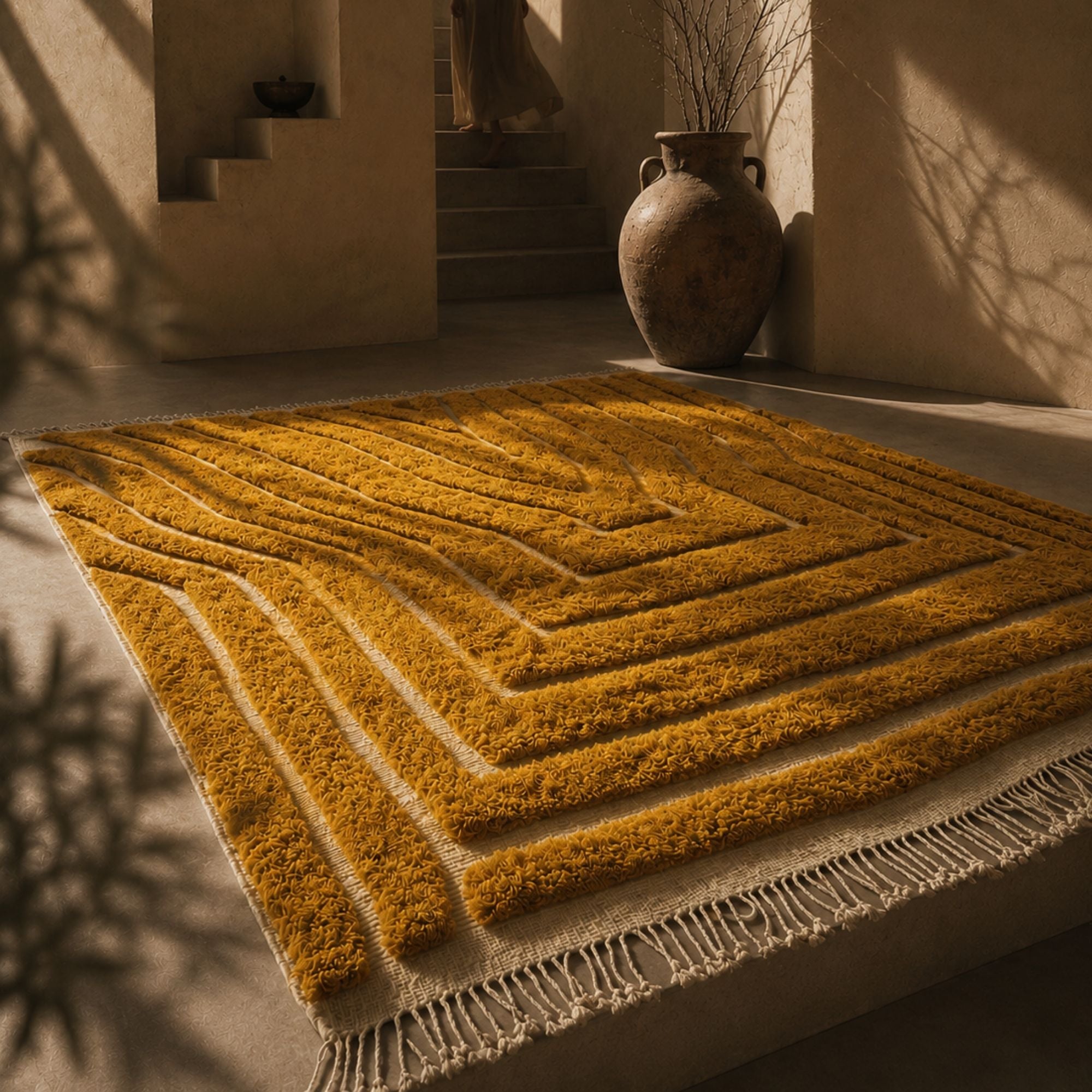 Sahara Symphony No. 02 styled in a warm contemporary interior, featuring sculptural ochre wool textures inspired by desert landscapes.