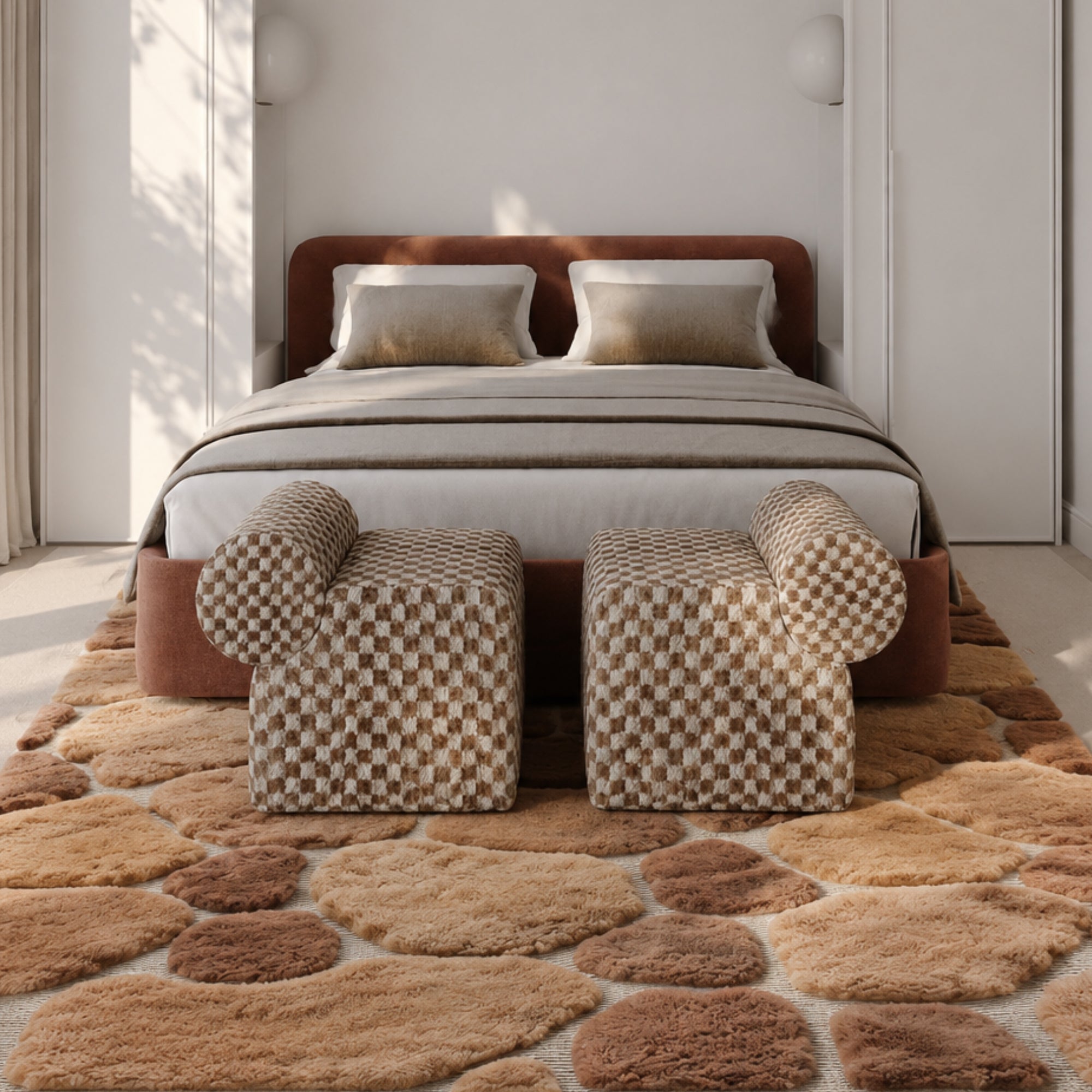 Sediment handmade Moroccan wool rug styled in a light, minimalist bedroom beneath a bed and checkered ottomans.