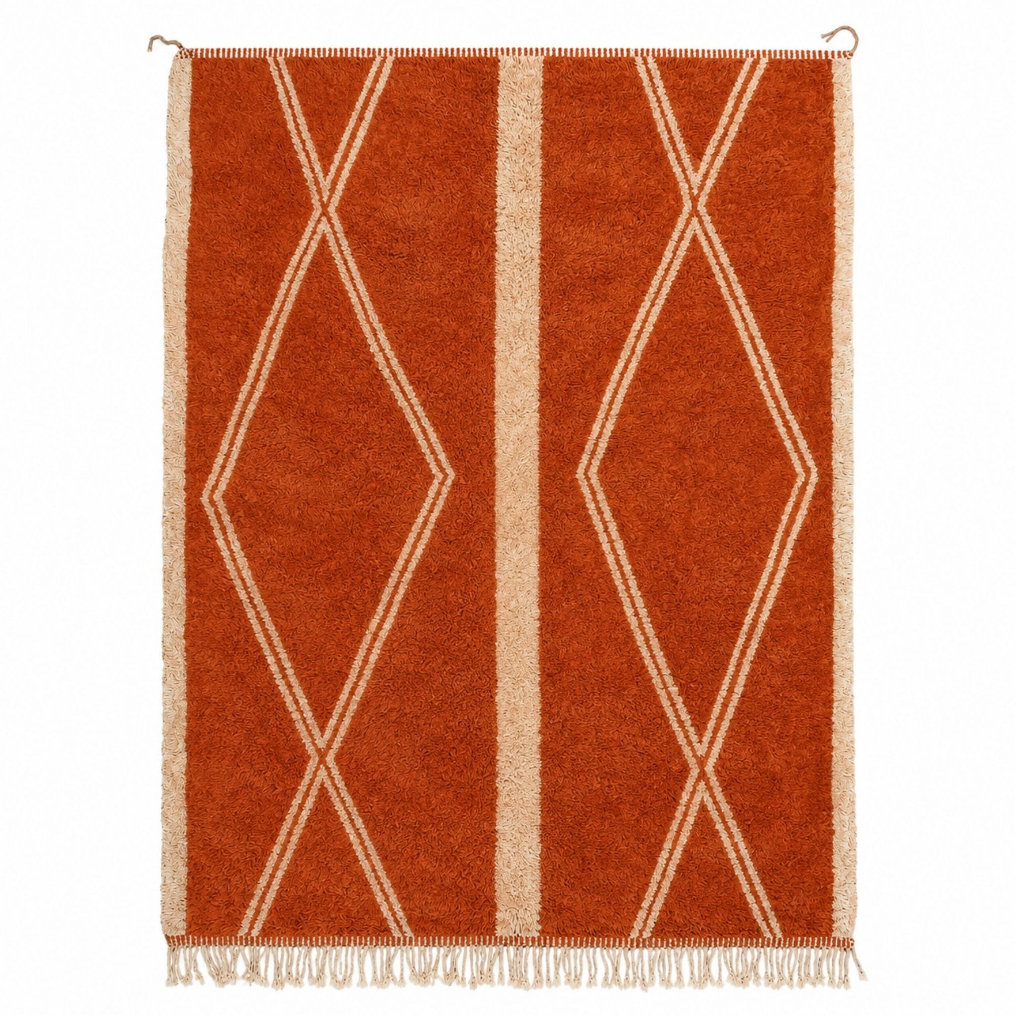 Sienna orange Moroccan rug handmade in Morocco with ivory geometric design and natural wool pile