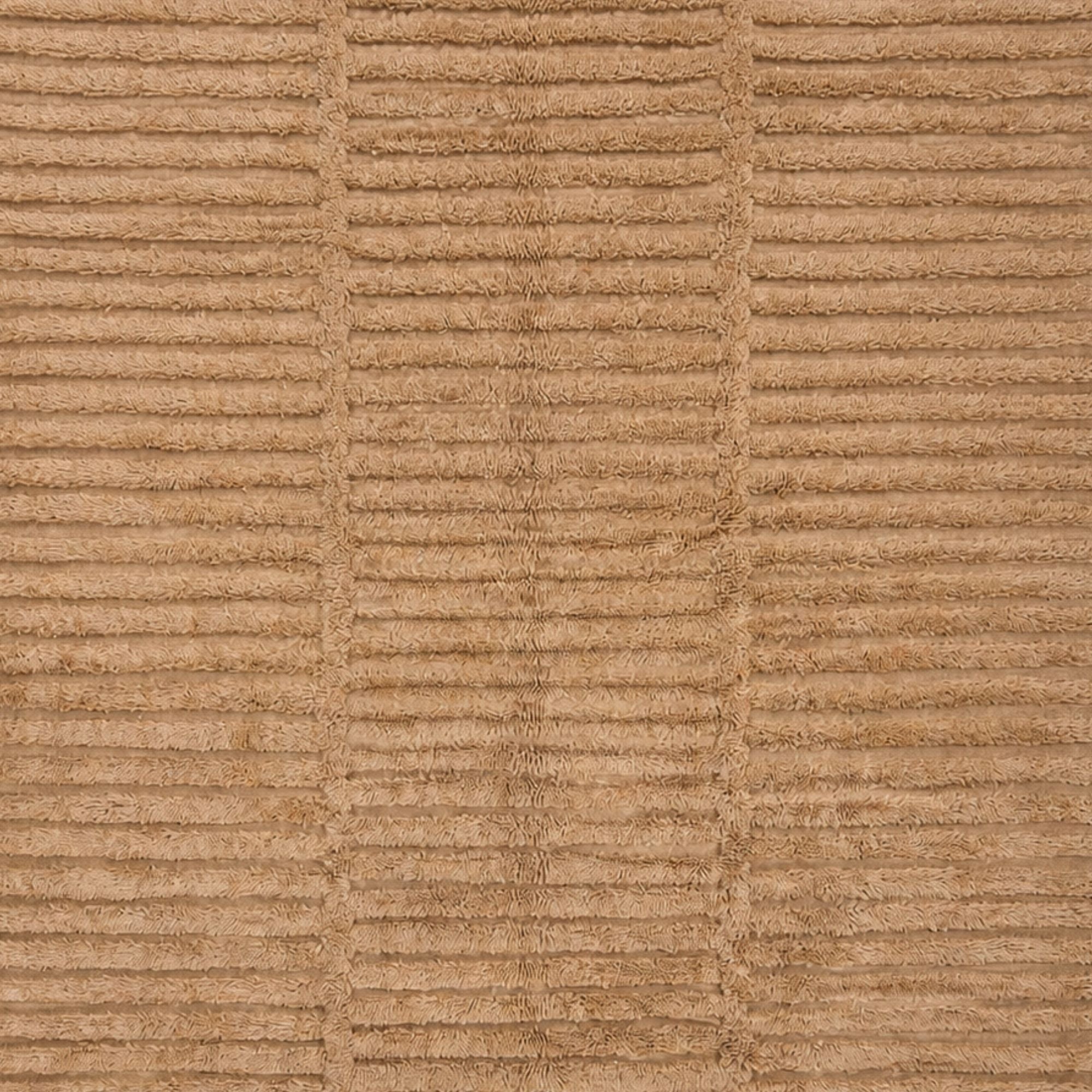 Textured Moroccan wool rug with horizontal relief pattern, Strata No. 02 in natural camel tones