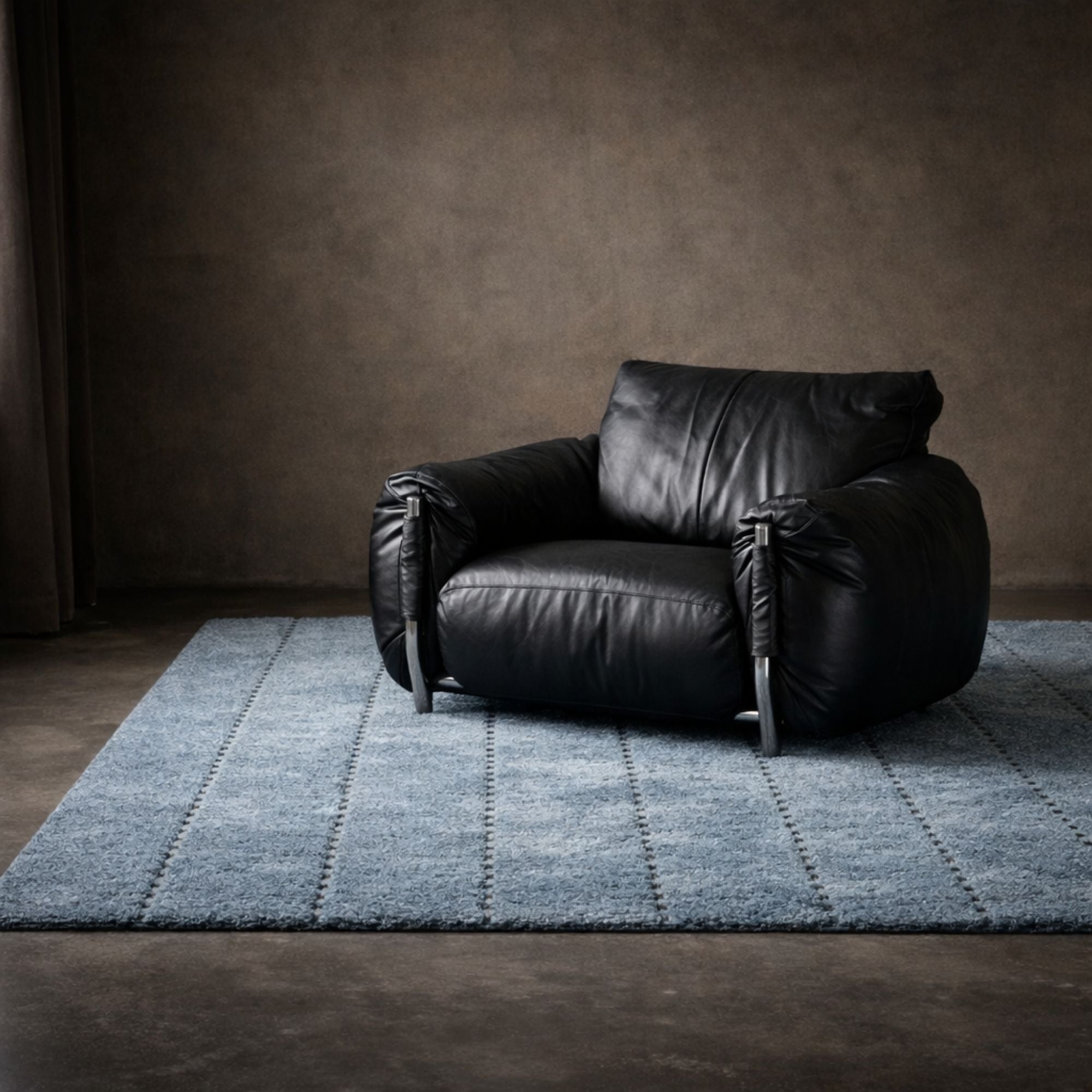 Textured light blue Moroccan wool rug with subtle contrasting lines and soft tactile pile