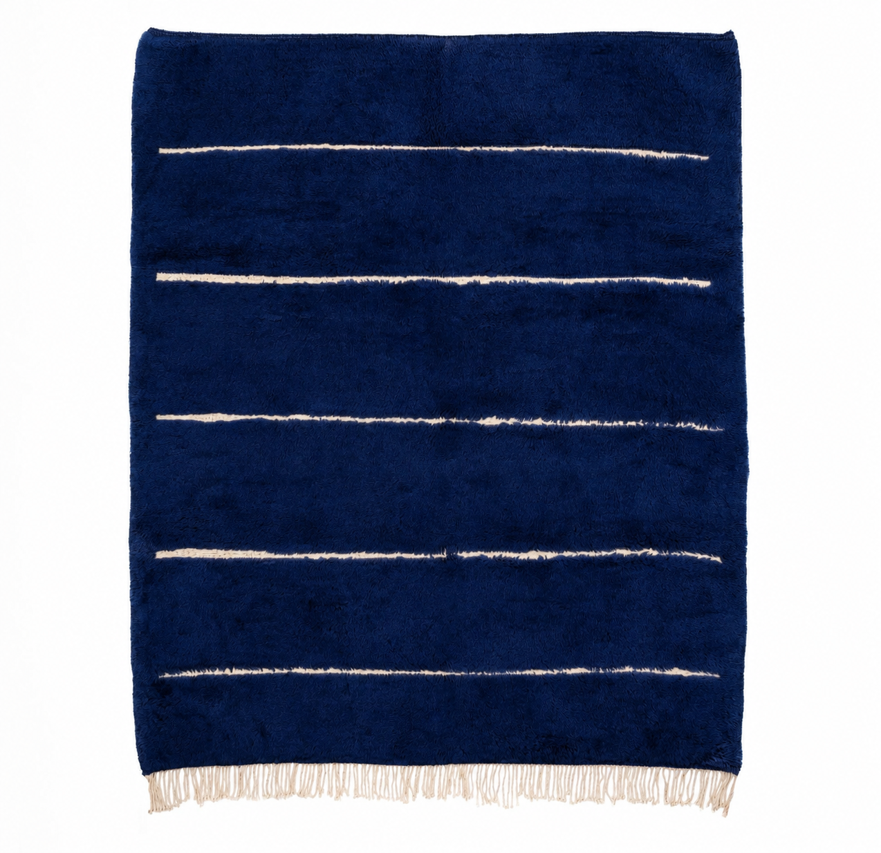 Trace No. 01 handwoven Moroccan wool rug in deep bleu-noir with delicate ivory horizontal lines, flat lay view.