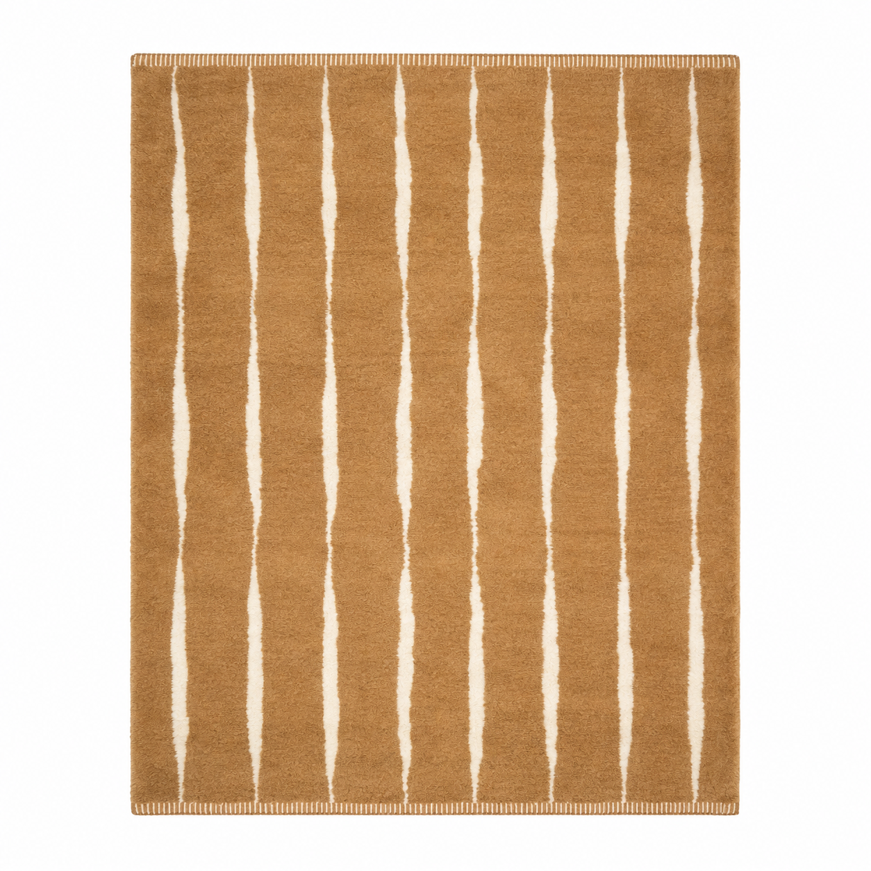 Veil No. 01 handmade camel Moroccan rug with organic ivory stripes, crafted from natural wool in Beni Mrirt, Morocco.