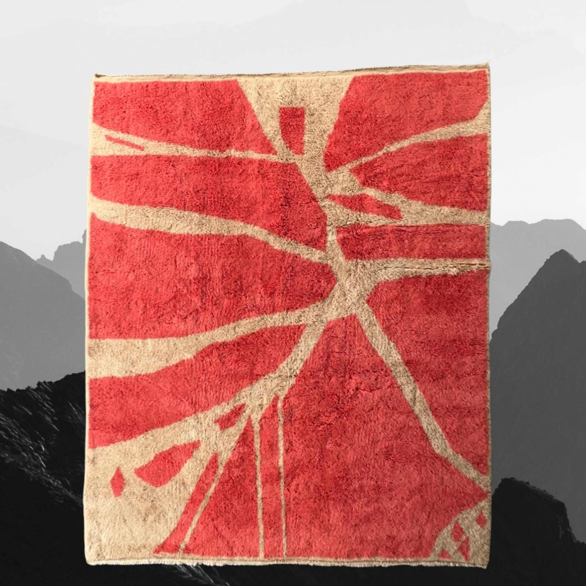 Handwoven Moroccan area rug with red and cream geometric design.