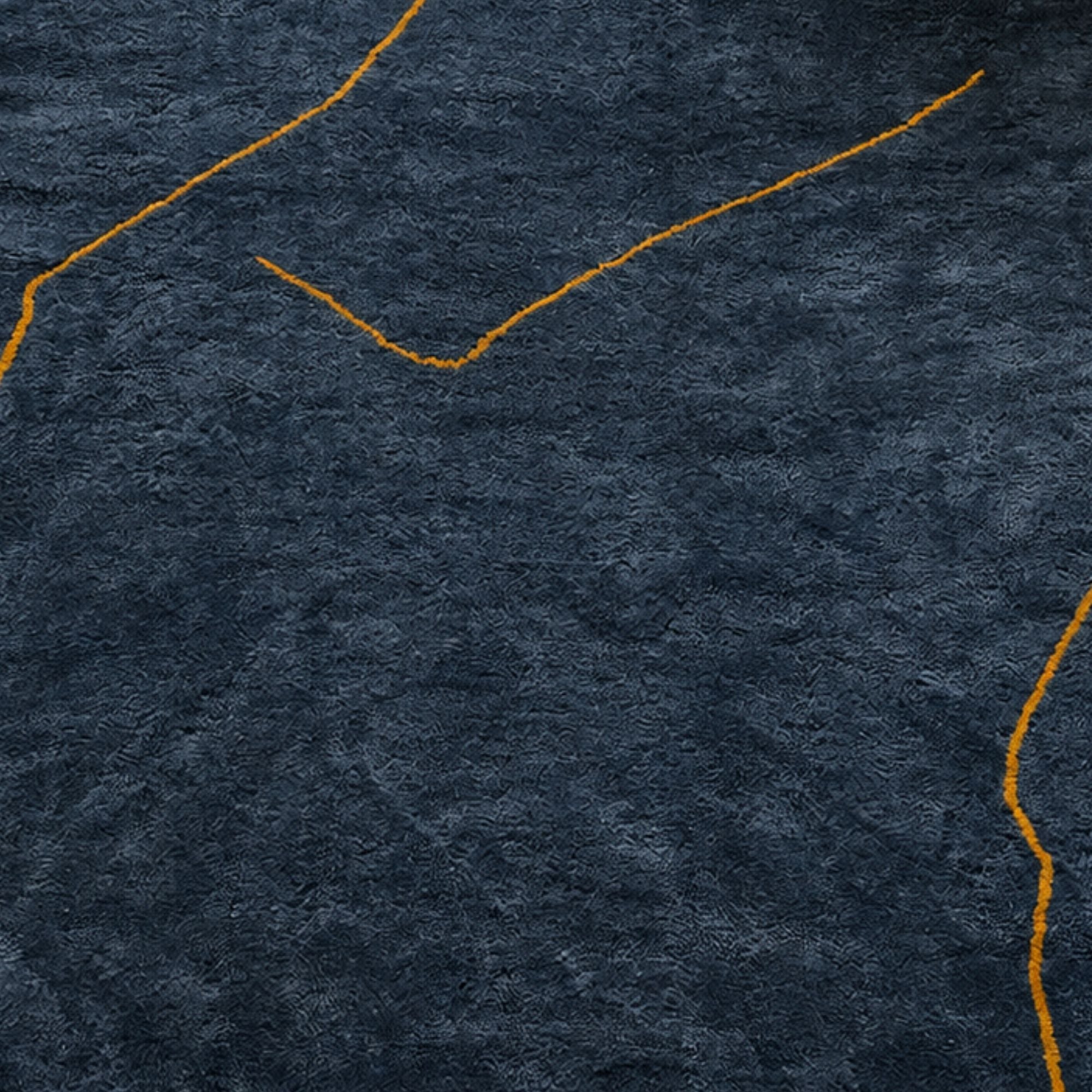 Abstract ochre line detail on handmade navy blue Moroccan rug
