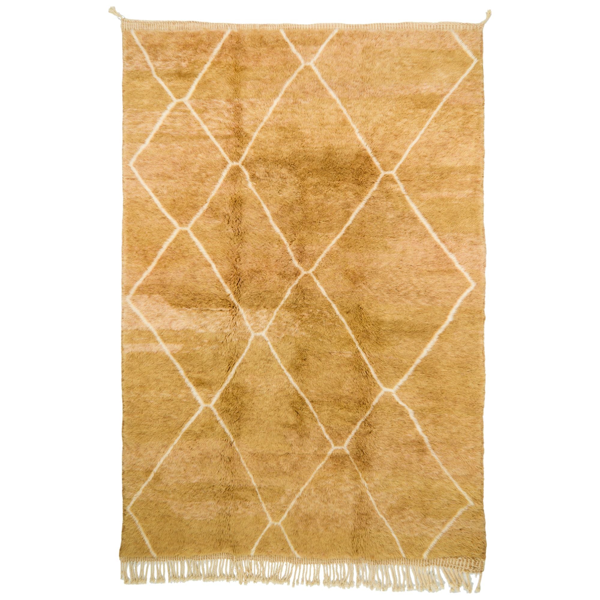 A handwoven brown Moroccan rug with an uneven white lozenge design, crafted by Berber artisans.