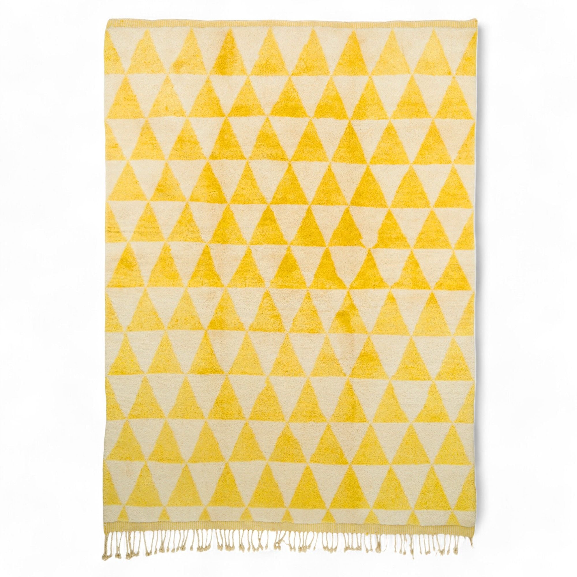 Ancient Whispers yellow Moroccan rug with a white base and yellow triangle design, handwoven by Berber artisans