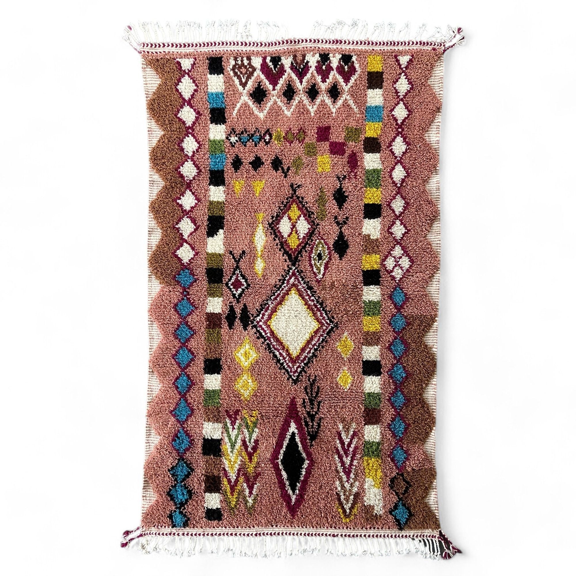 Artisan Treasures pink Moroccan rug with colorful Berber diamond tribal designs and textured sides, handwoven by Berber artisans.