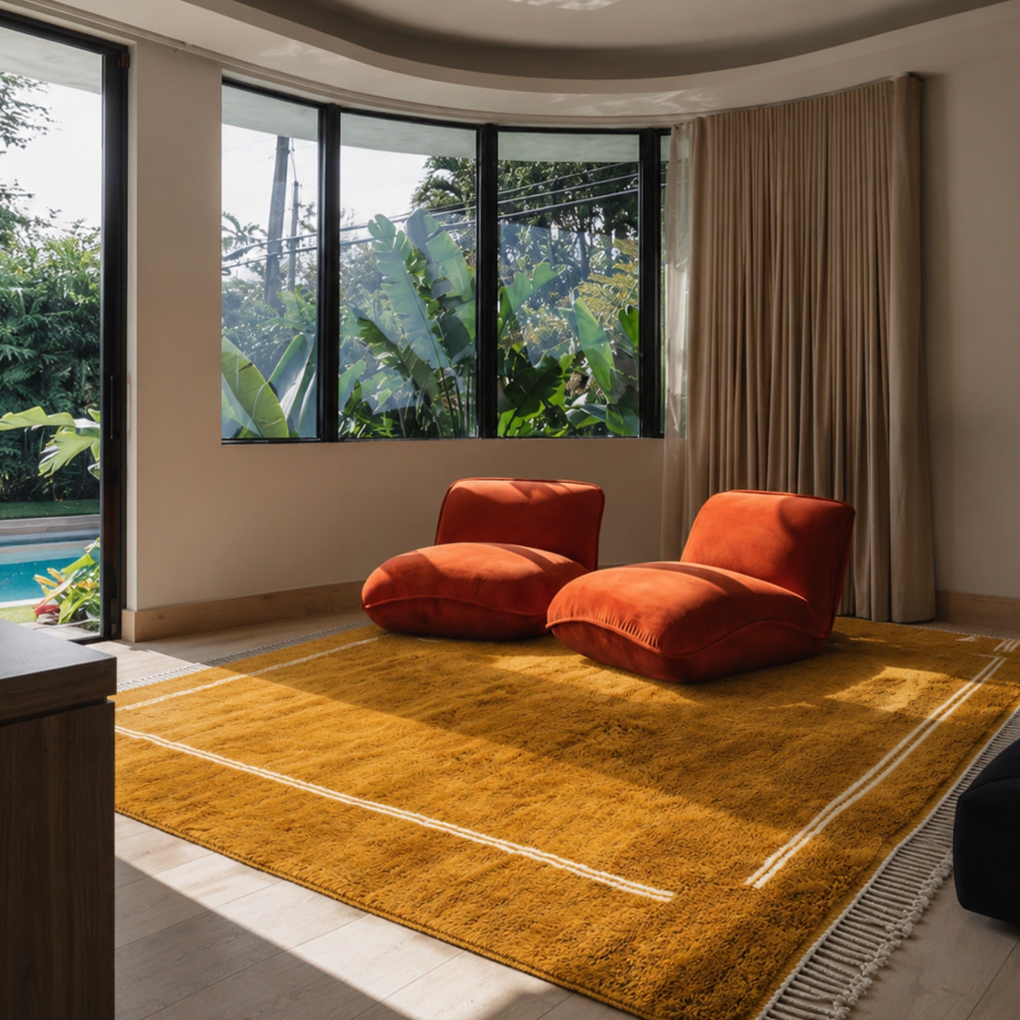 Atrium handmade Moroccan wool rug styled in a sunlit living room with orange velvet lounge chairs.