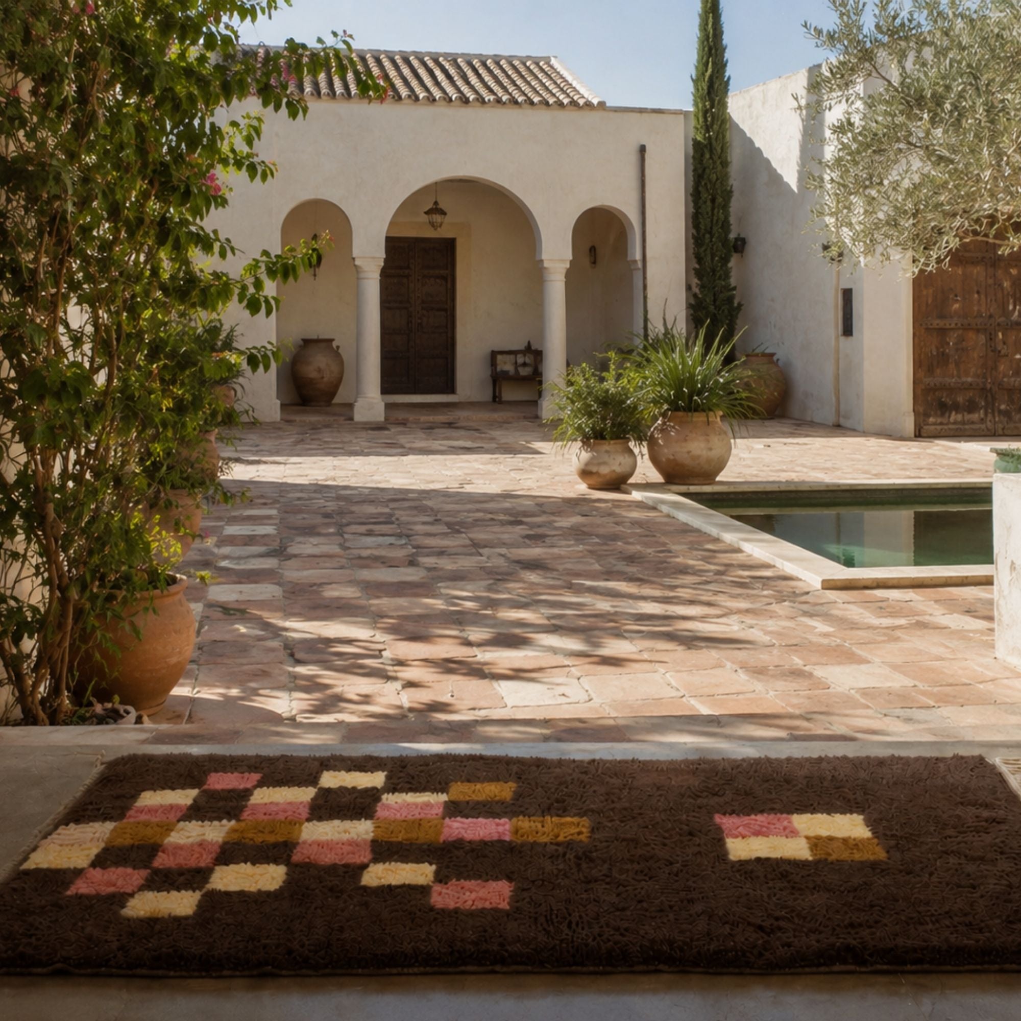 Brown Moroccan wool rug with colorful geometric design in a Mediterranean inspired interior