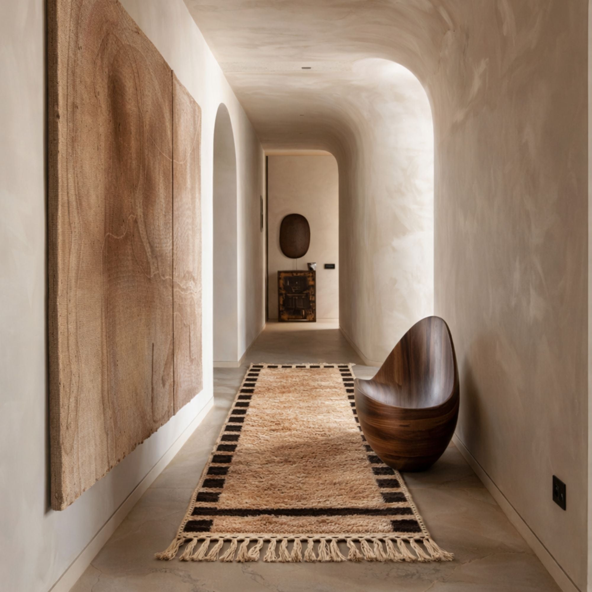 Cadence Moroccan runner rug styled in a sculptural minimalist hallway, featuring plush ivory wool, black geometric border details, handmade tassels, and warm contemporary interiors.