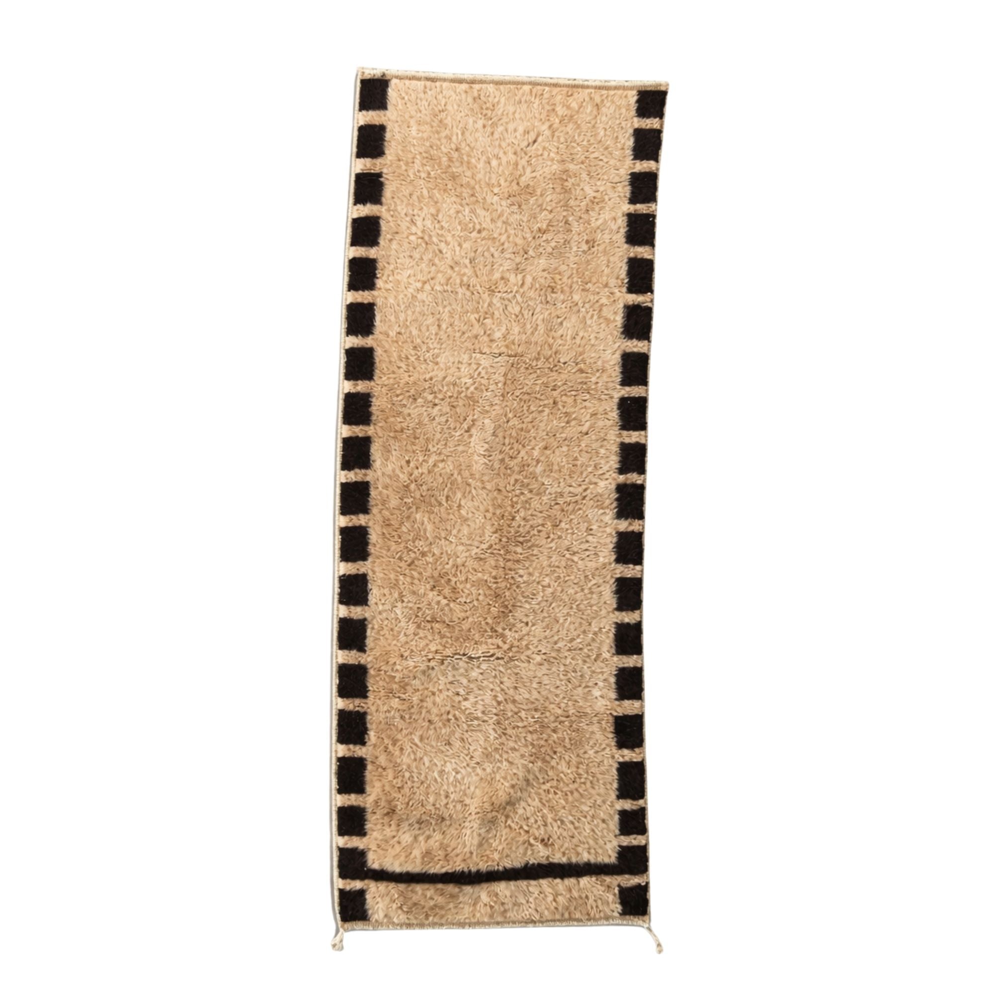 Cadence Runner Moroccan rug in natural ivory wool with black geometric border details, handwoven Beni Mrirt hallway runner with plush high pile texture.