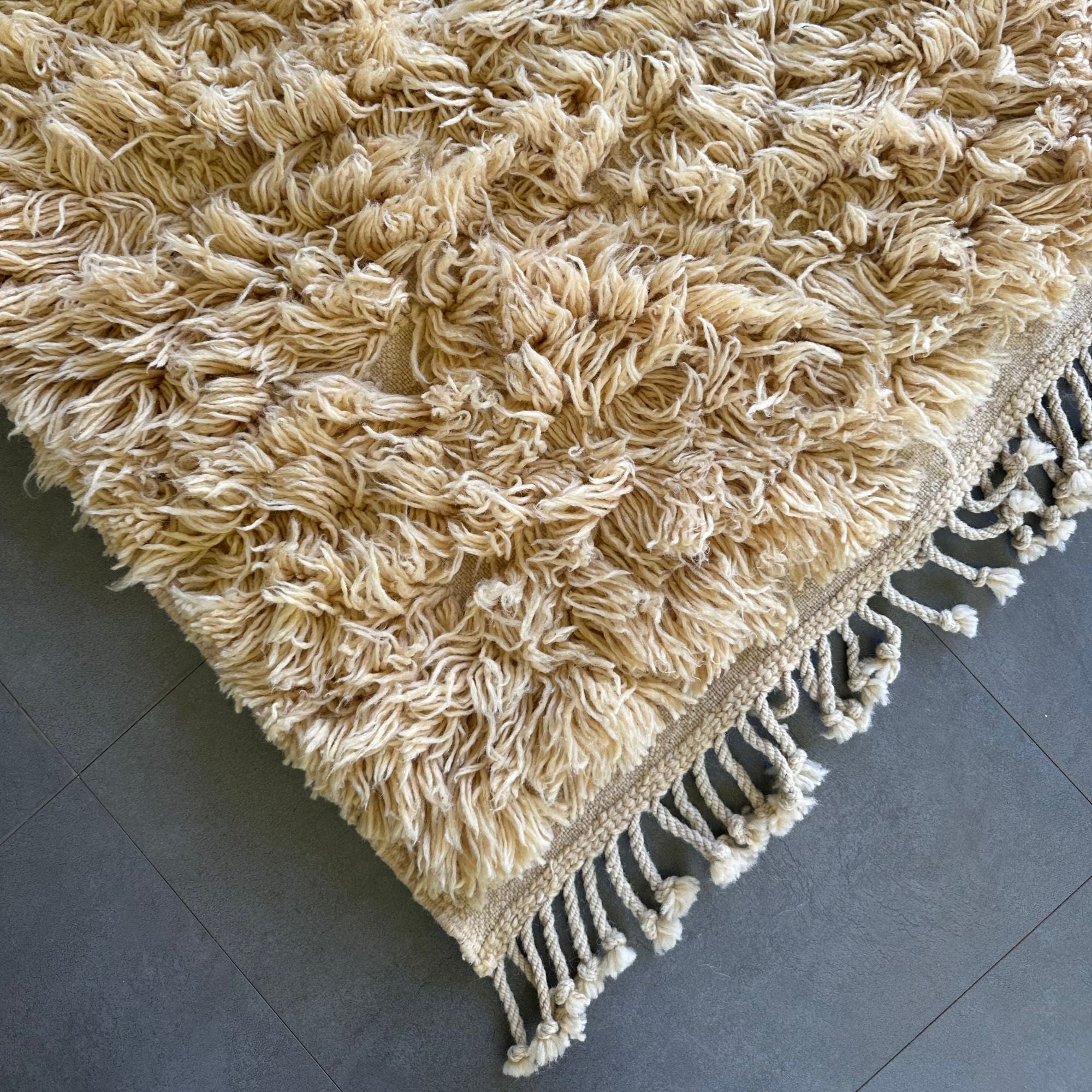 Celestial Charm high pile Moroccan rug with a cream color and hidden textured design, handwoven by Berber artisans