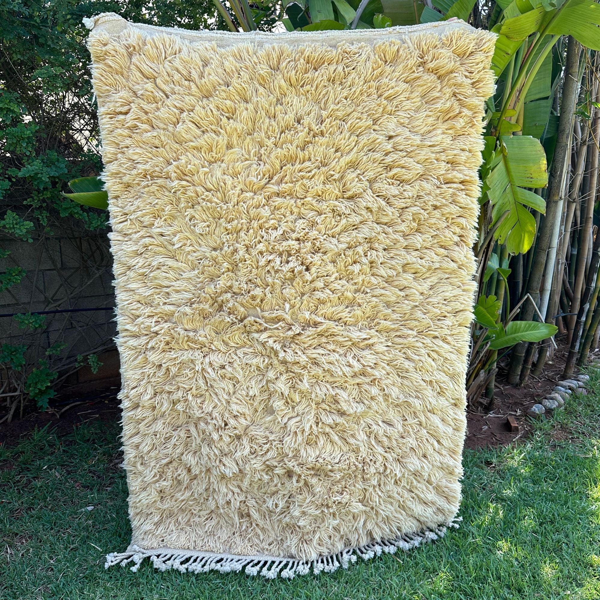 Celestial Charm high pile Moroccan rug with a cream color and hidden textured design, handwoven by Berber artisans