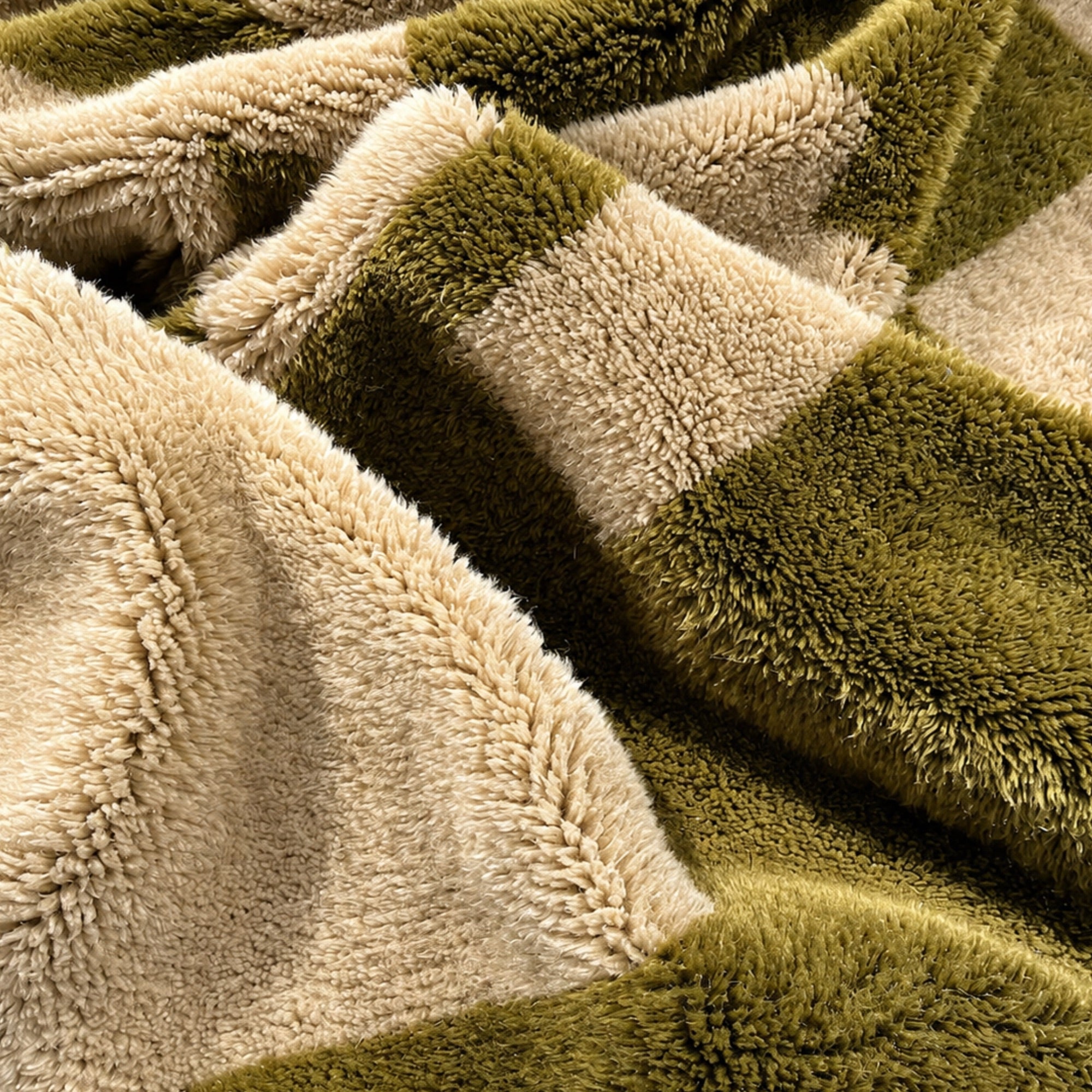 Close-up of Relic Moroccan wool rug showing high-pile olive and beige block texture.