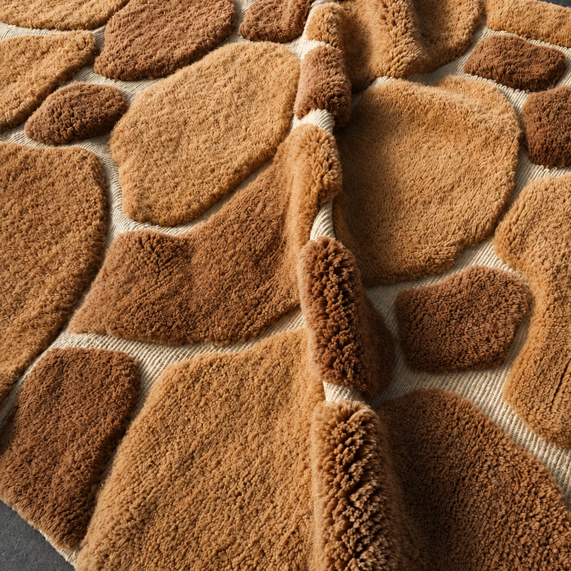 Close-up of Sediment Moroccan wool rug showing sculpted high-pile texture and tonal stone-shaped forms.