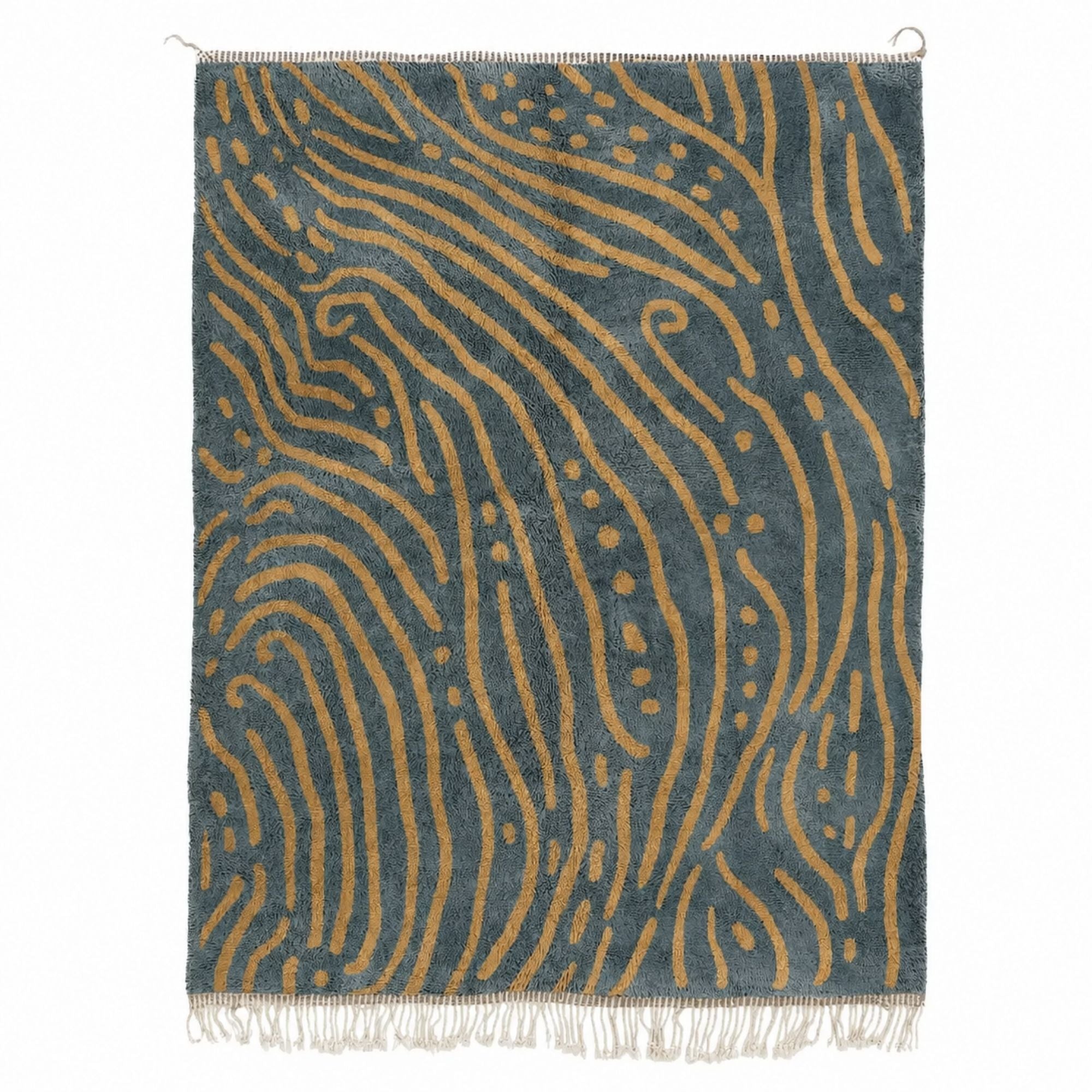 Topography No. 01 handmade Moroccan wool rug in blue-grey and camel with organic abstract lines