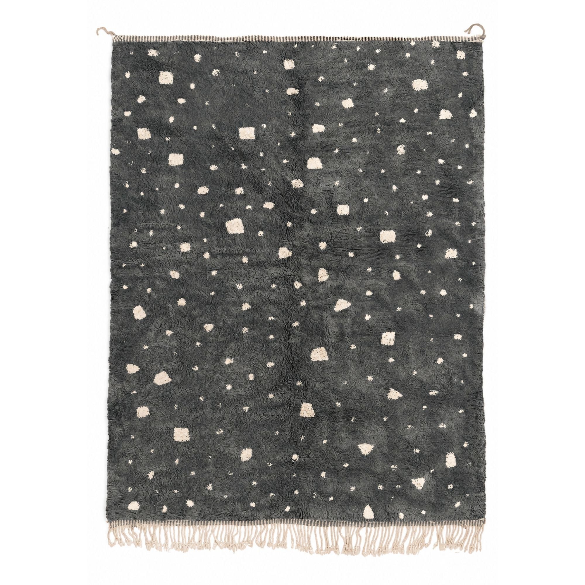 Constellation grey Moroccan rug handmade in Morocco with scattered ivory motifs and textured wool pile