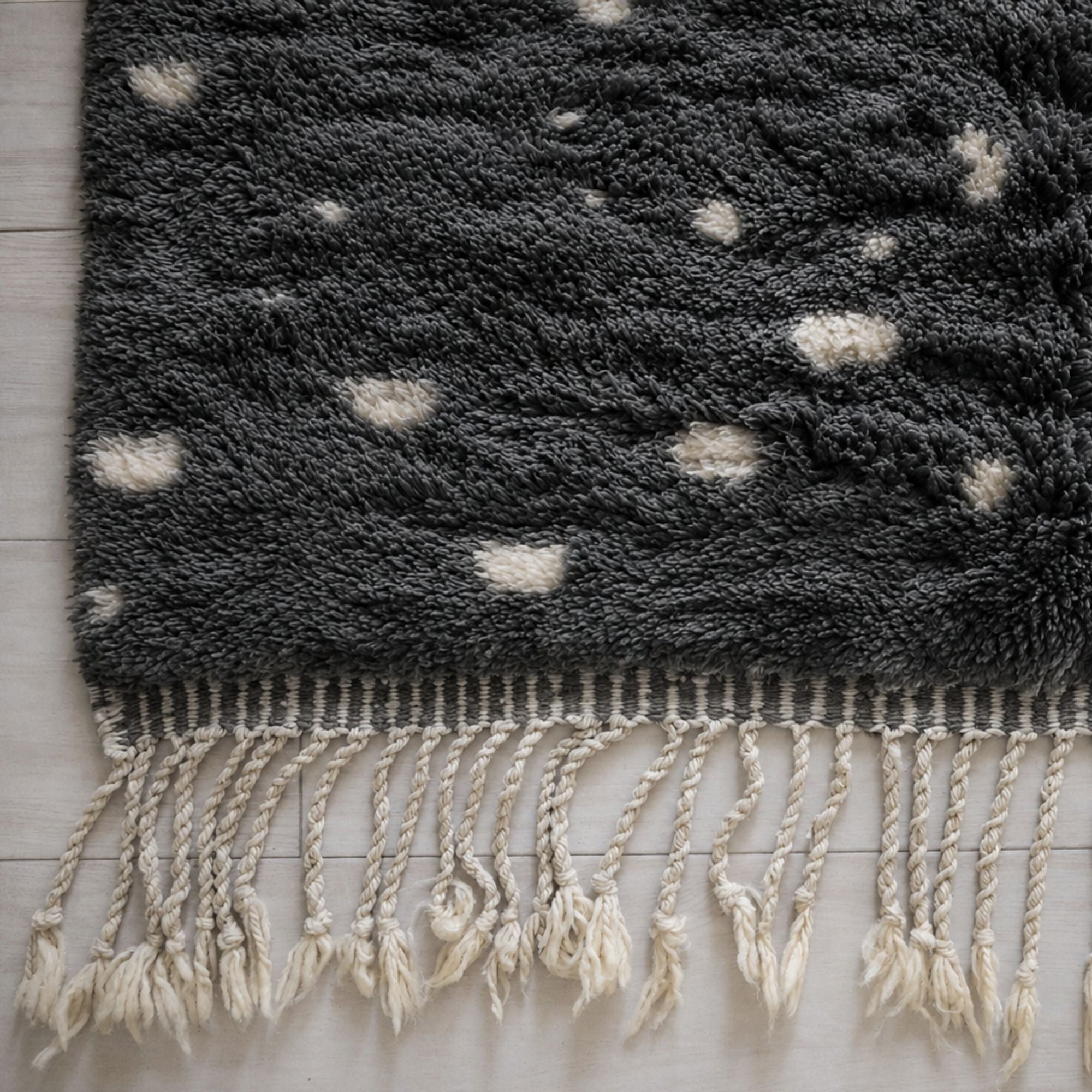 Constellation grey and ivory Moroccan wool rug with hand-finished fringe and soft textured pile