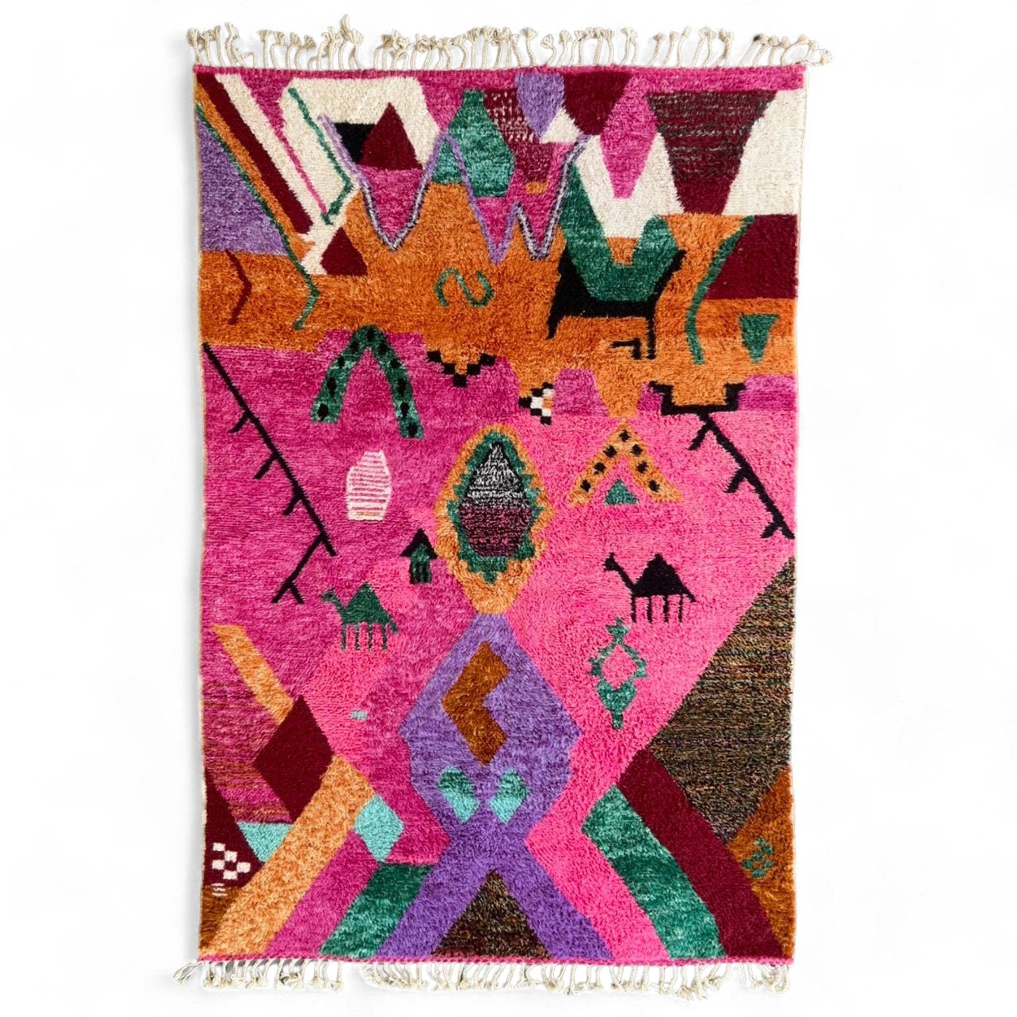 Desert Dance handmade wool rug in stock with a pink base and multicolor design, featuring Berber women's secret language, handwoven by Berber artisans