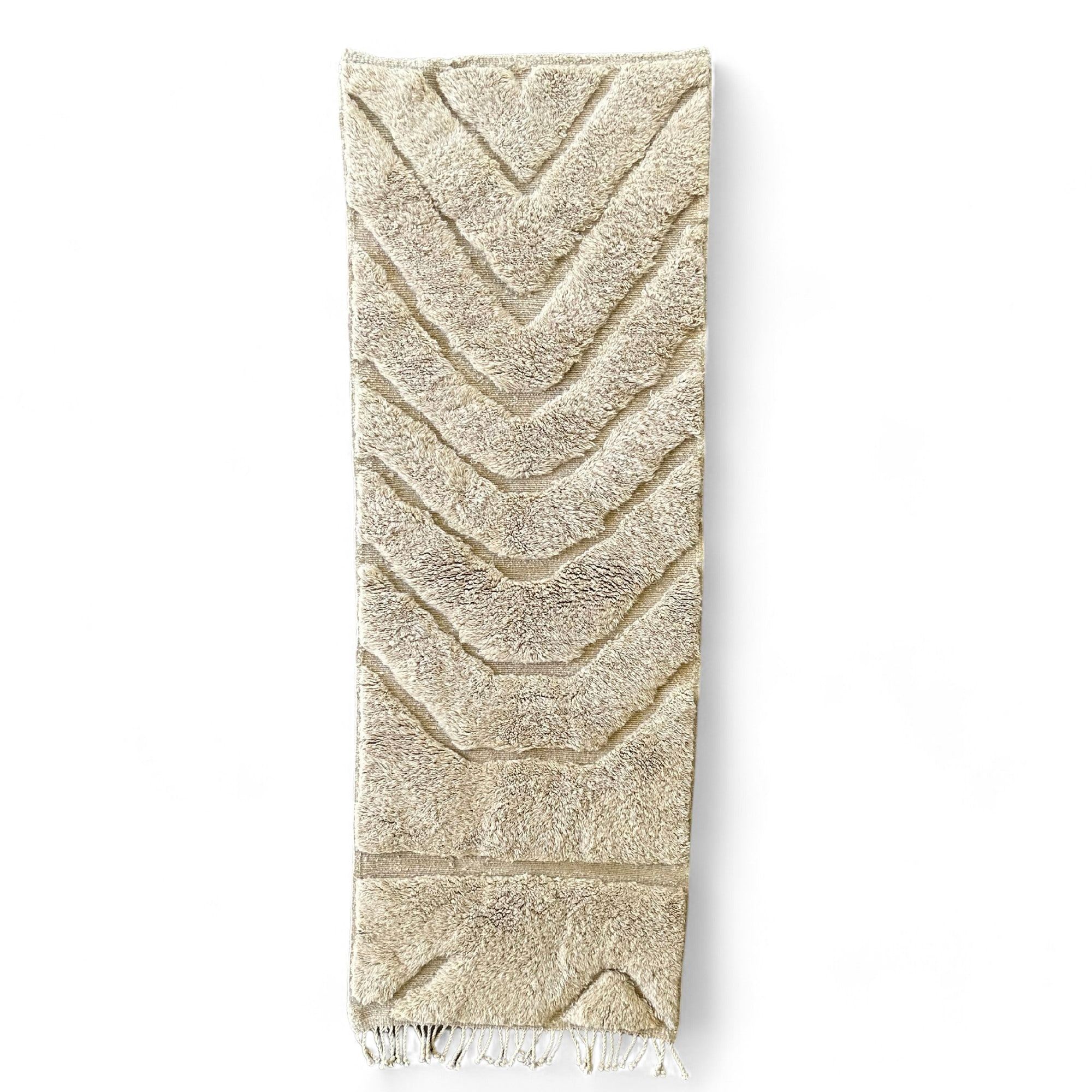 Desert Dawn Moroccan runner rug in beige with a textured design, handwoven by Berber artisans