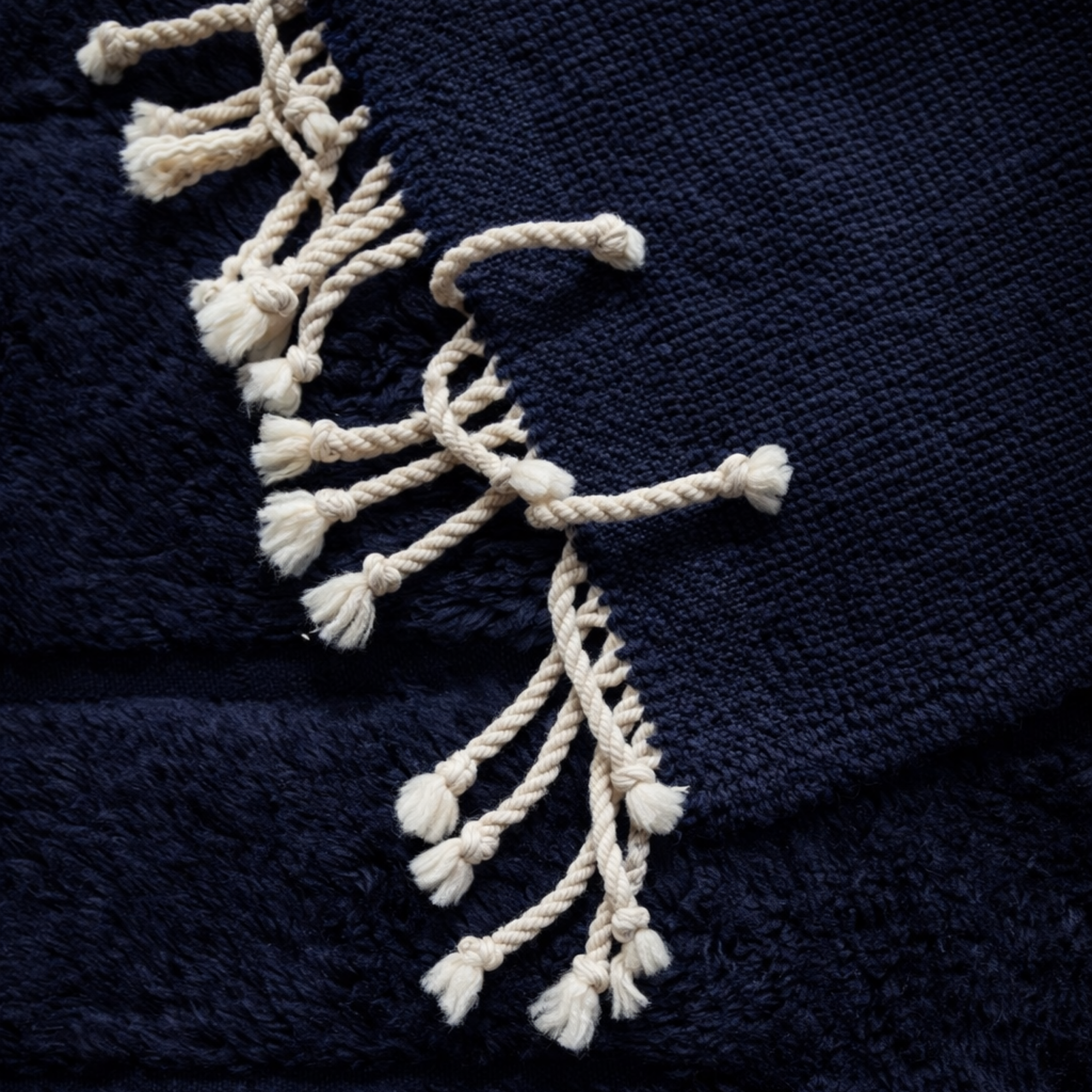 Detail of Linea Moroccan runner rug with ivory braided tassels and handwoven wool backing.